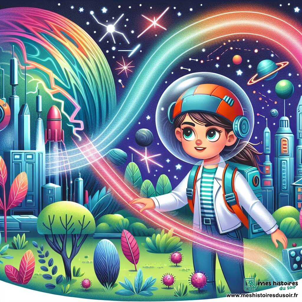 Une illustration destinée aux enfants représentant une jeune femme ingénieure, courageuse et déterminée, partant en mission spatiale pour trouver une nouvelle source d'énergie et étant confrontée à un champ magnétique perturbant, avec en toile de fond une planète luxuriante aux couleurs vives, mêlant architecture futuriste et végétation abondante.