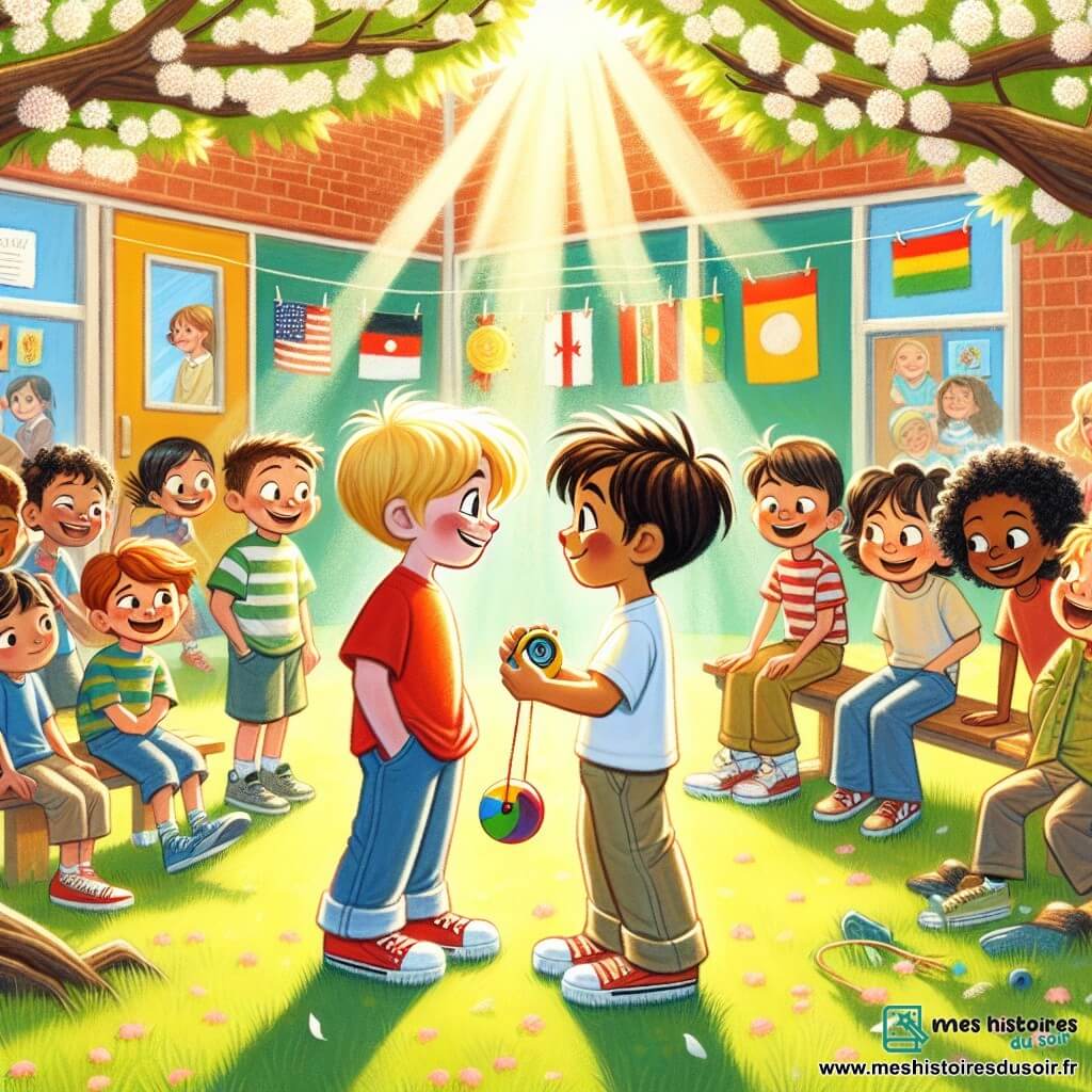 Illustration destinée aux enfants représentant une cour d'école ensoleillée, remplie de rires et de couleurs vives, avec des arbres en fleurs et des jeux d'enfants en arrière-plan. Au premier plan, un groupe de garçons de 9 ans, dont l'un a la peau claire, des cheveux blonds et porte un t-shirt rouge, s'approche d'un autre garçon aux cheveux bruns et à la peau olive, qui tient un yo-yo et sourit timidement. Les autres enfants, d'origines diverses, les observent avec curiosité, certains affichant des expressions d'émerveillement, tandis que d'autres semblent hésitants. La scène capture l'instant où l'amitié se forme malgré les différences culturelles, symbolisant l'importance de l'acceptation et de la tolérance. Des dessins de drapeaux et de plats typiques sont accrochés autour d'eux, représentant la diversité culturelle, tandis que des éclats de lumière filtrent à travers les branches des arbres, ajoutant une atmosphère chaleureuse et accueillante.