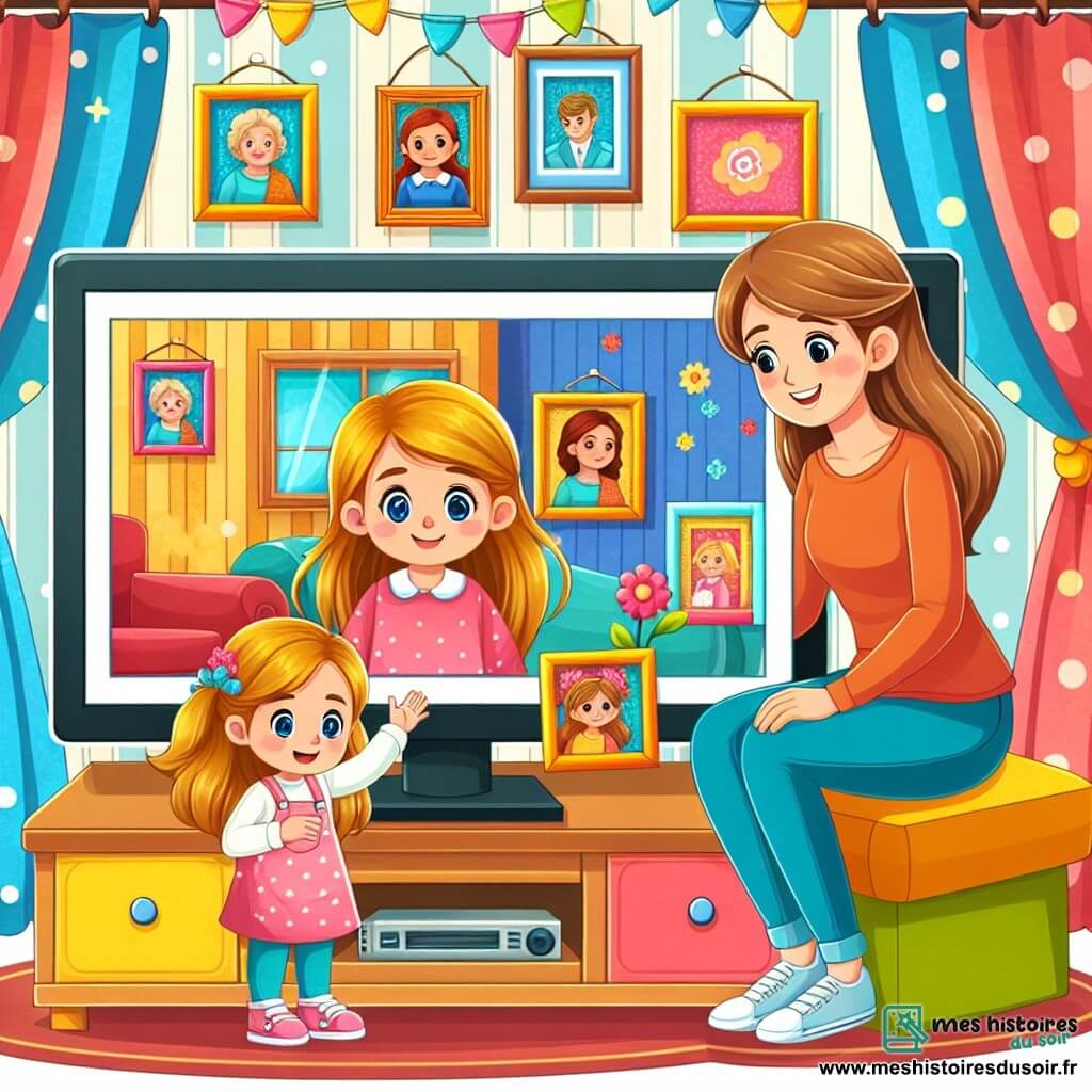 Une illustration destinée aux enfants représentant une fillette curieuse devant un écran coloré, accompagnée de sa maman bienveillante, dans un salon chaleureux aux murs ornés de cadres joyeux et de rideaux aux motifs ludiques.