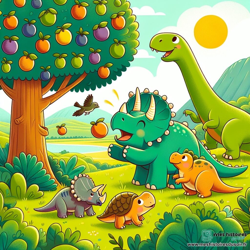 Une illustration sous forme de dessin destinée aux enfants représentant une vallée verdoyante et ensoleillée, où un tricératops aux écailles brillantes et aux trois cornes sur le front secoue un grand arbre pour faire tomber des fruits colorés, entouré d'un petit raptor aux plumes douces qui saute d'excitation, d'un diplodocus géant avec un long cou qui regarde en l'air, et d'une ankylosaure ronde avec des plaques sur le dos, tous joyeux et prêts à déguster les fruits tombés, illustrant ainsi l'esprit d'aventure et d'amitié de cette joyeuse bande de dinosaures.