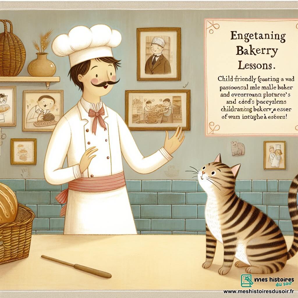 Une illustration destinée aux enfants représentant un boulanger passionné, un chat tigré joueur, une boulangerie chaleureuse aux murs ornés de photographies anciennes et de dessins d'enfants, où se déroulent des leçons de boulangerie enchantées.