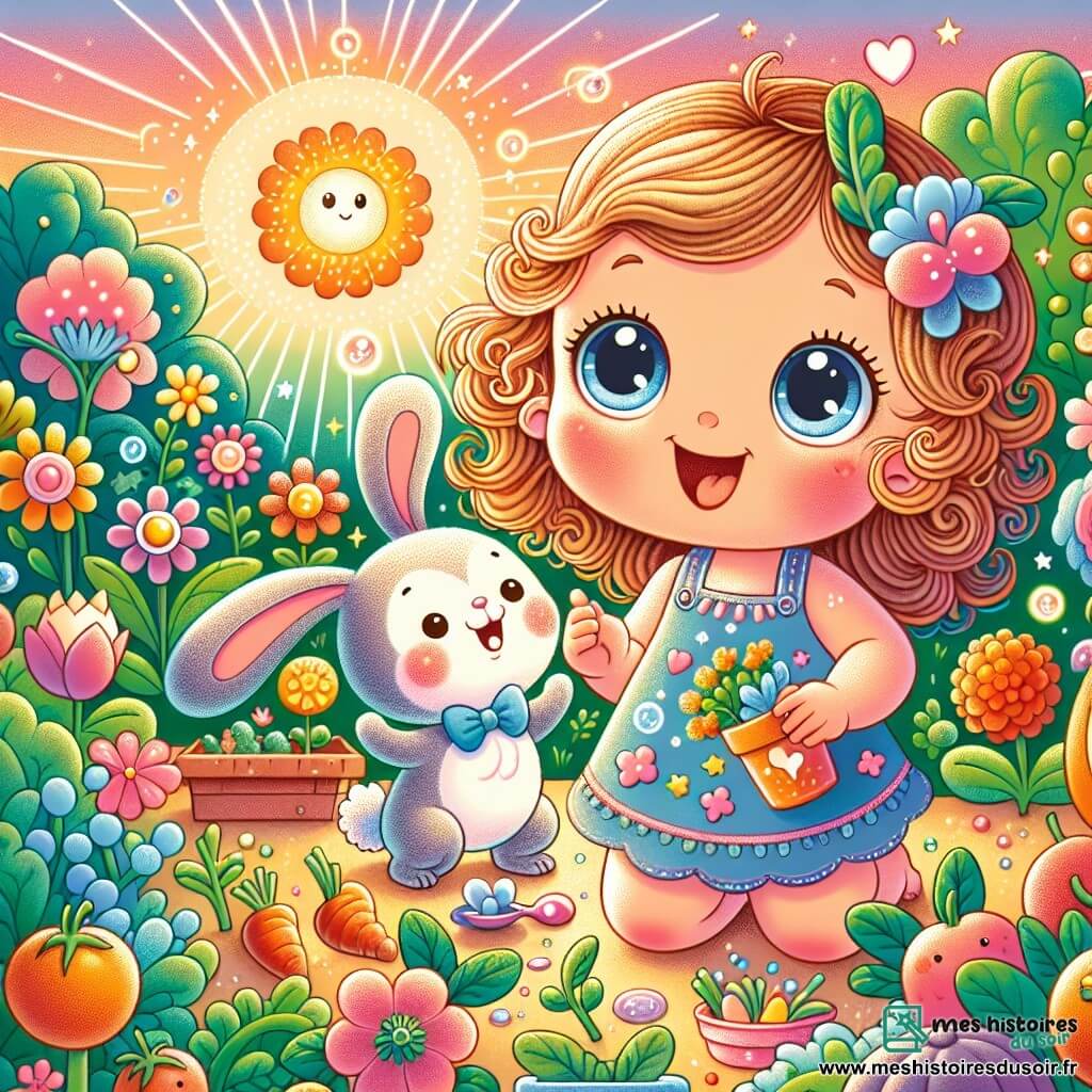 Une illustration sous forme de dessin destinée aux enfants représentant un jardin ensoleillé rempli de fleurs colorées et de légumes, où une petite fille de 1 an aux grands yeux curieux et aux cheveux bouclés joue joyeusement avec son doudou en peluche, un lapin nommé Monsieur Fluffy, tandis qu'une lumière magique en forme de petite étoile danse autour d'eux, créant des bulles scintillantes qui éclatent avec des bruits de "pop", le tout dans une atmosphère de magie et de rires.