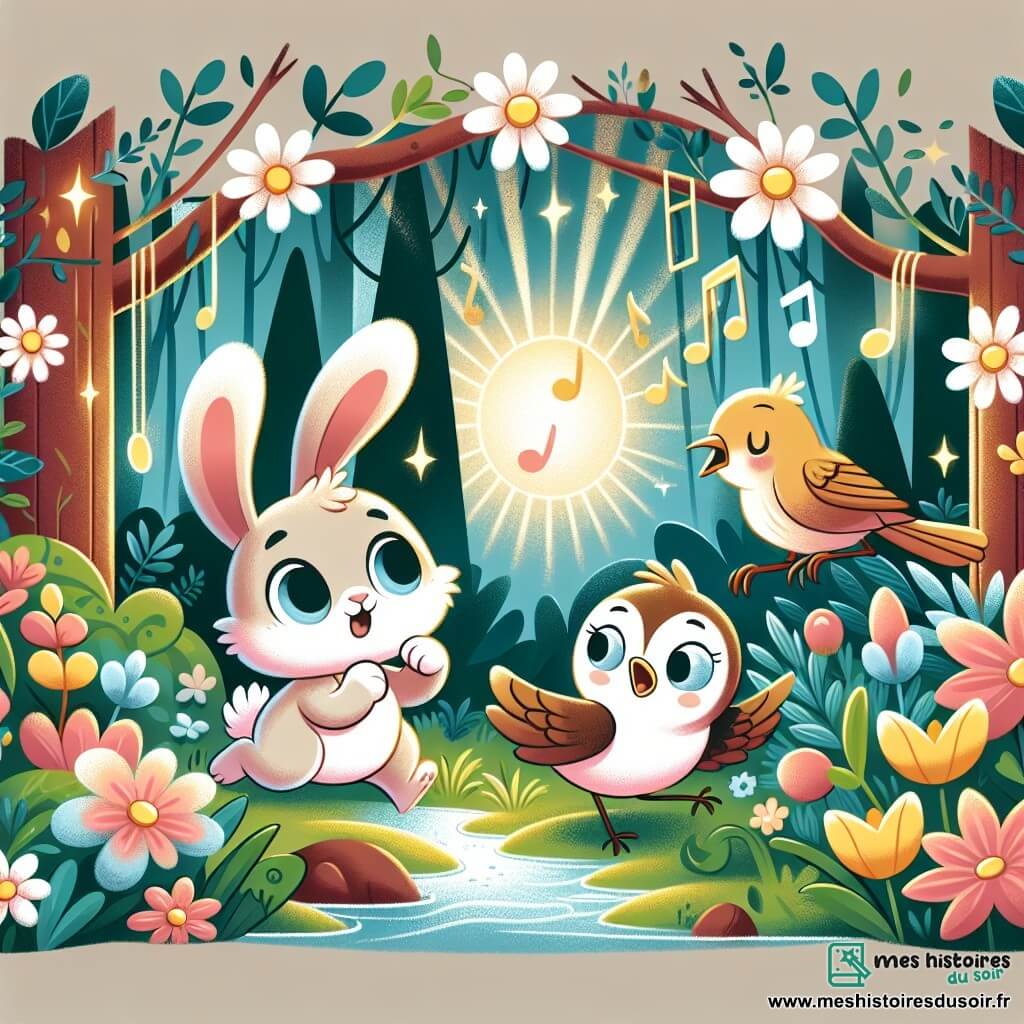Une illustration destinée aux enfants représentant un adorable lapin courageux, accompagné d'un oiseau effrayé, explorant une clairière enchantée éclairée par des fleurs brillantes et baignée d'une douce musique.