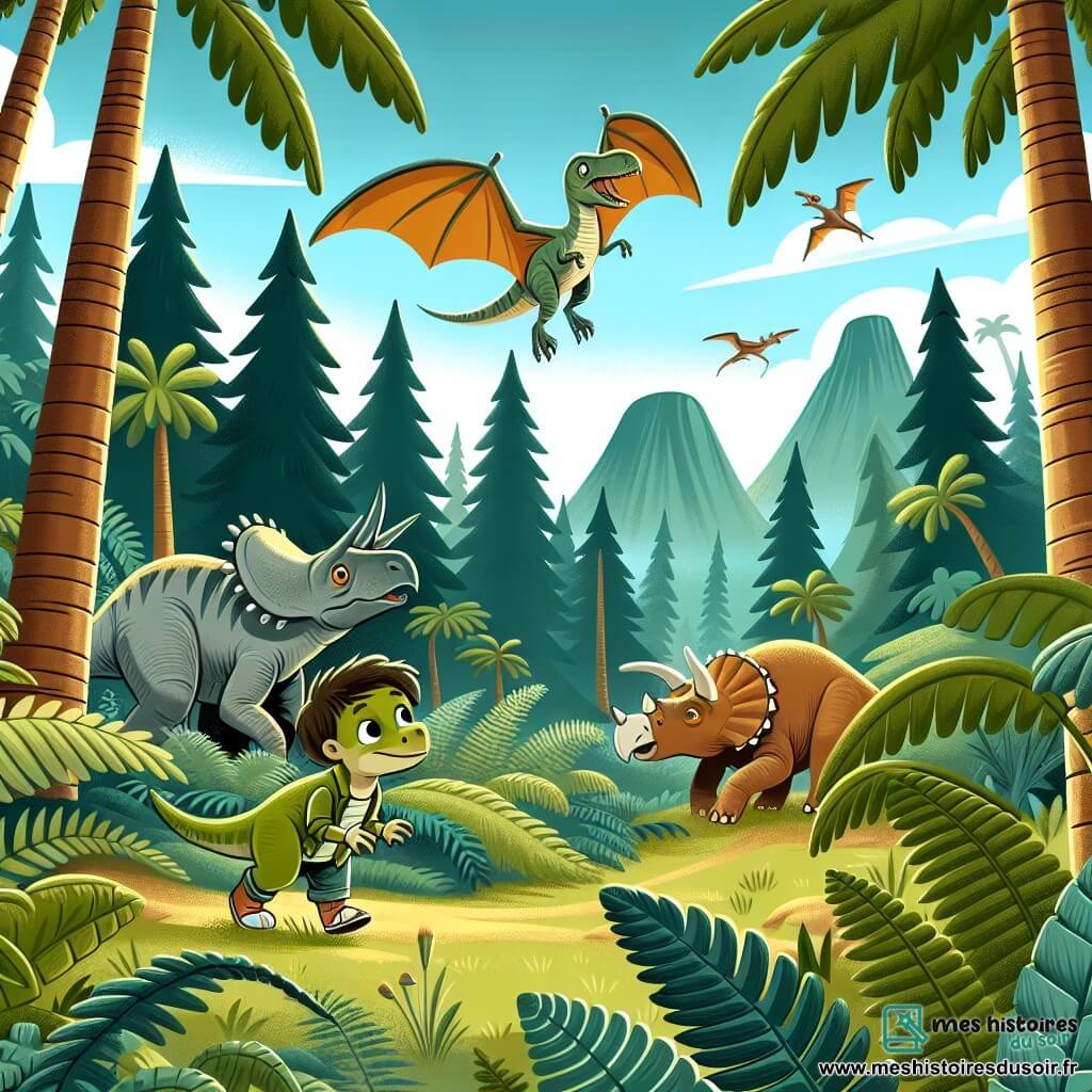 Une illustration destinée aux enfants représentant un vélociraptor intrépide se perdant dans la forêt jurassique, accompagné d'un tricératops timide, tandis qu'un ptérosaure joyeux vole au-dessus des grands arbres et des fougères géantes.