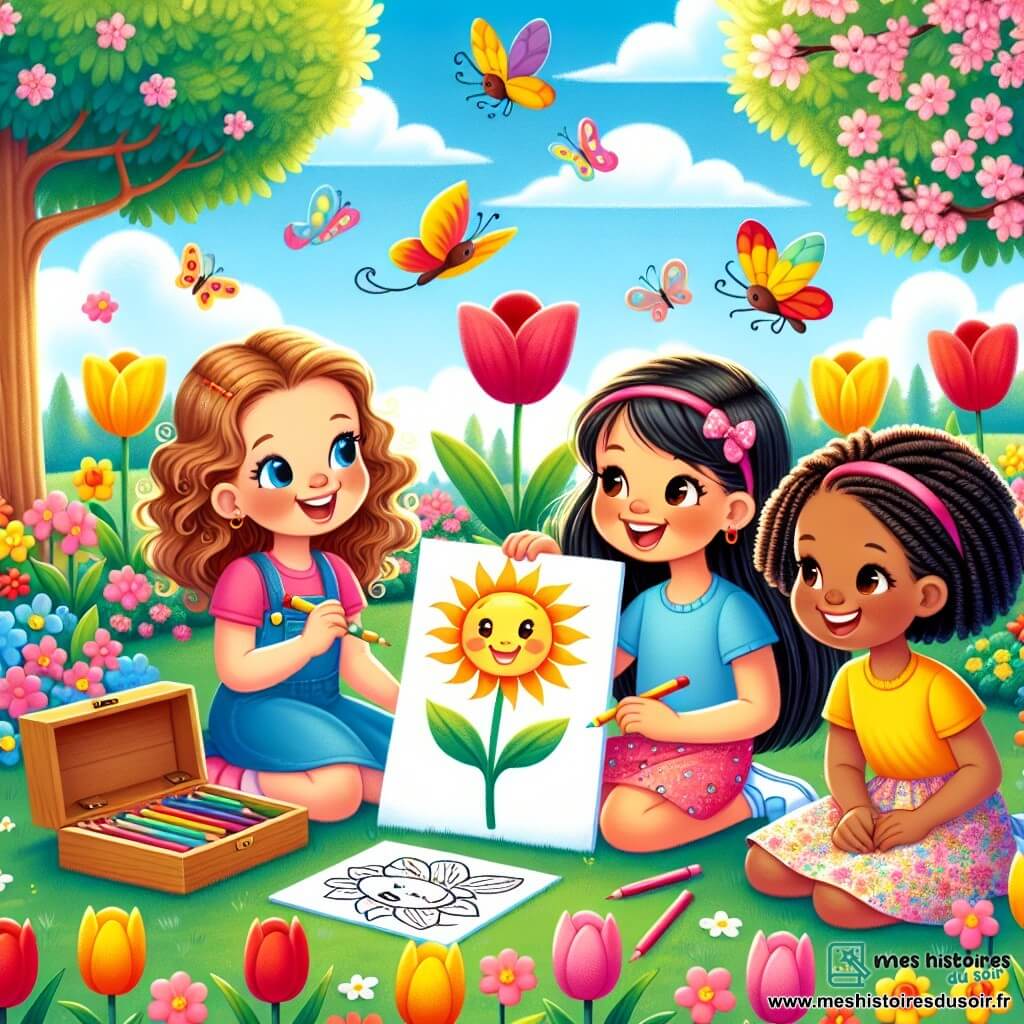 Illustration d'un parc au printemps, avec des arbres en fleurs aux couleurs vives, des tulipes rouges, jaunes et roses, et un ciel bleu avec des nuages blancs. Au centre, quatre jeunes filles d'environ 8 ans sont assises sur l'herbe. La première, aux cheveux bruns et bouclés, en robe rose, dessine un soleil souriant. La deuxième, blonde avec des tresses, porte un t-shirt jaune et admire ses fleurs dessinées. La troisième, cheveux noirs et lisses, en jupe à fleurs, tient un coffre de crayons et sourit. La quatrième, aux cheveux roux et frisés, en blouse bleue, regarde ses amies avec joie. En arrière-plan, des papillons volent et des oiseaux chantent, créant une atmosphère de bonheur et d'amitié, célébrant le printemps et la beauté de la nature.