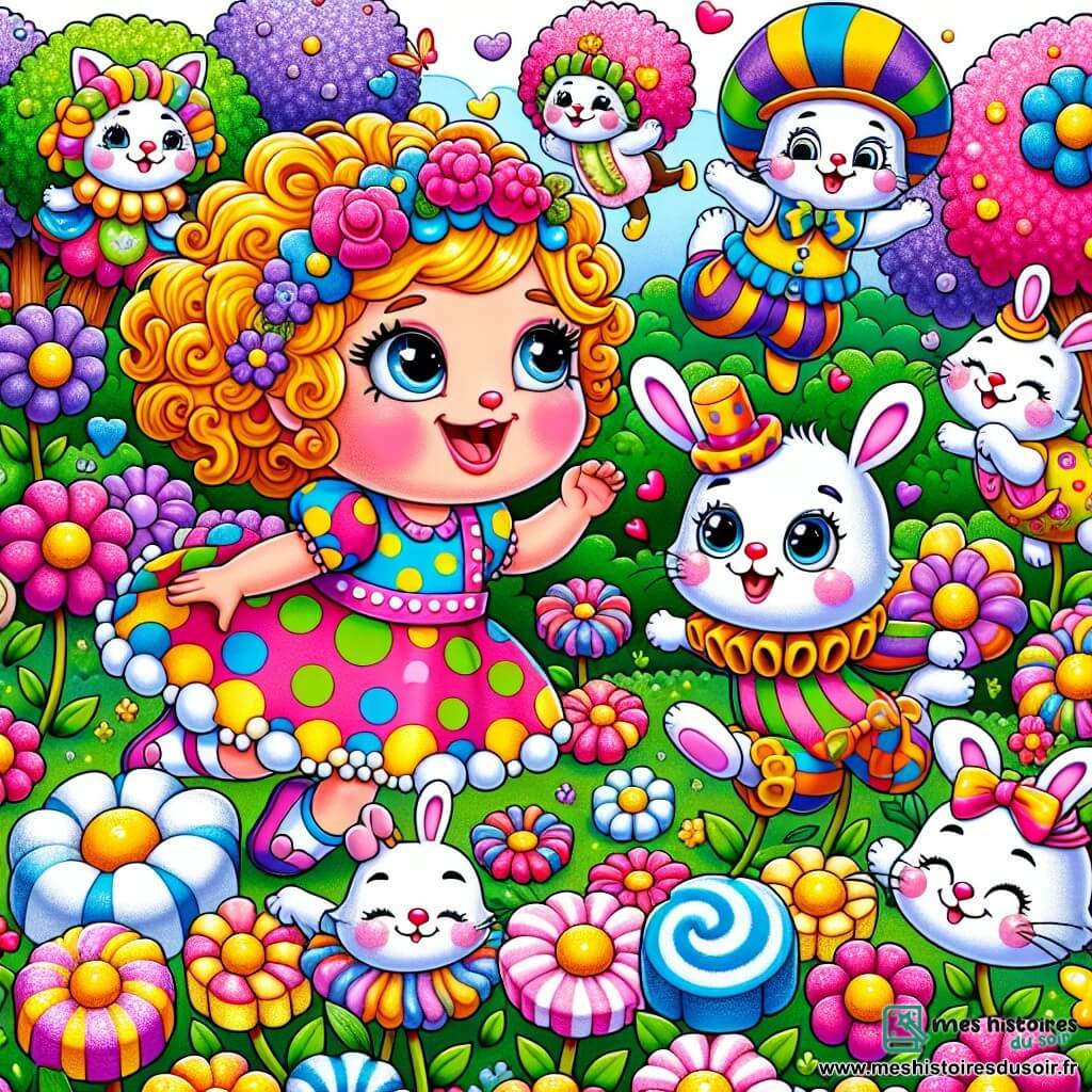 Une illustration sous forme de dessin destinée aux enfants représentant un jardin enchanté rempli de fleurs colorées et d'arbres en guimauve, où une petite fille de 7 ans aux cheveux bouclés et aux yeux pétillants, vêtue d'une robe à pois, rit joyeusement en jouant avec un groupe de lapins clownesques aux costumes vifs, tandis qu'un chaton en sucre s'amuse à faire des pirouettes autour d'eux, le tout dans une ambiance magique et ludique, évoquant un monde de rires et d'aventures.