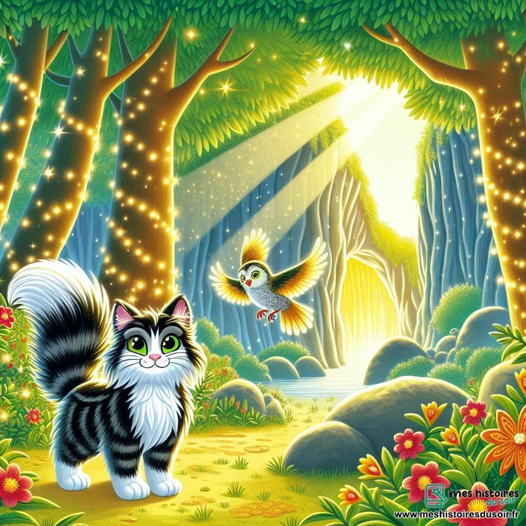 Une illustration sous forme de dessin destinée aux enfants représentant une forêt enchantée, baignée de lumière dorée à travers les feuillages, où un chat aux poils doux, rayés de noir et de blanc, aux yeux verts éclatants, se tient courageusement devant une grande grotte, tandis qu'un petit oiseau aux plumes dorées et argentées chante joyeusement à ses côtés, illustrant leur quête pour trouver la légendaire Pierre des Sages, entourés de fleurs colorées et d'arbres majestueux, avec une atmosphère magique et pleine d'aventure.
