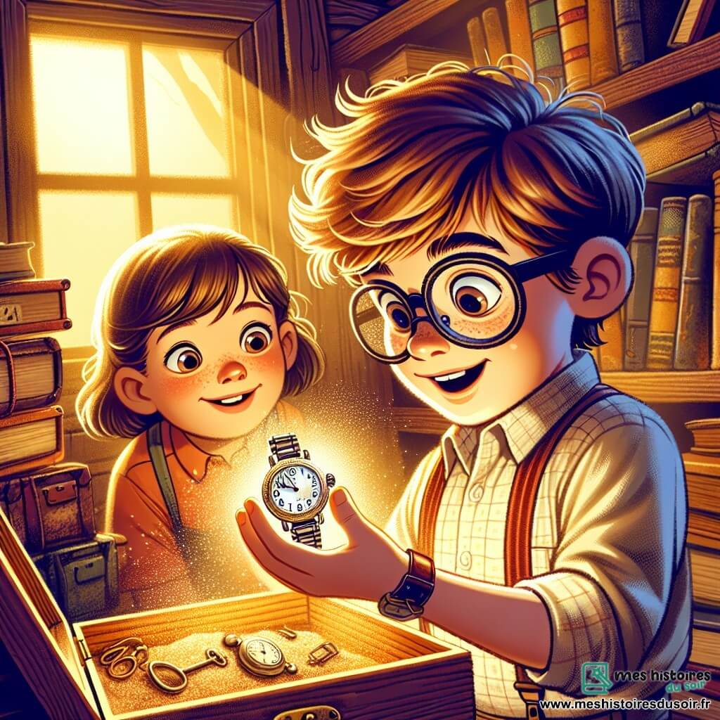 Une illustration sous forme de dessin destinée aux enfants représentant un grenier poussiéreux rempli de vieux livres et de malles en bois, où un garçon de 11 ans aux cheveux en bataille et portant des lunettes trop grandes, est en train de découvrir une montre en argent scintillante, tandis qu'une fille aux cheveux châtains et aux joues roses, curieuse, l'observe avec émerveillement, le tout baigné dans une lumière dorée filtrant à travers une fenêtre poussiéreuse, évoquant l'excitation d'un voyage dans le temps.