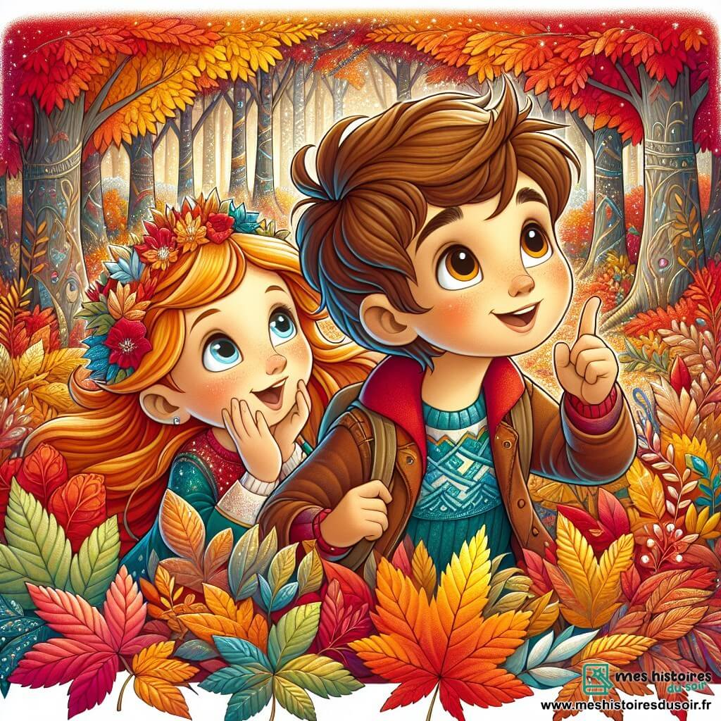 Une illustration destinée aux enfants représentant un garçon aux cheveux bruns, émerveillé par les couleurs flamboyantes des feuilles d'automne, accompagné d'une fille aux cheveux roux, dans une forêt enchantée où les arbres arborent des tons chatoyants de rouge, orange et jaune.