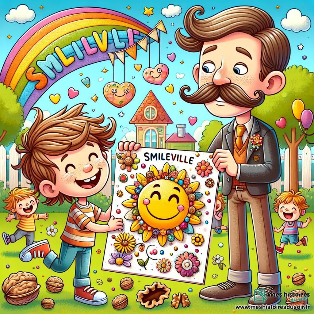 Une illustration sous forme de dessin destinée aux enfants représentant un parc ensoleillé à Sourireville, avec un garçon de 5 ans aux cheveux en bataille et un grand sourire, tenant un collage coloré fait de fleurs, de coquilles de noix et de paillettes, tandis qu'il se tient devant son papa, un homme grand avec une moustache souriante, qui regarde son fils avec admiration, entourés d'autres enfants joyeux jouant et riant, créant une atmosphère festive et chaleureuse pour la fête des pères.