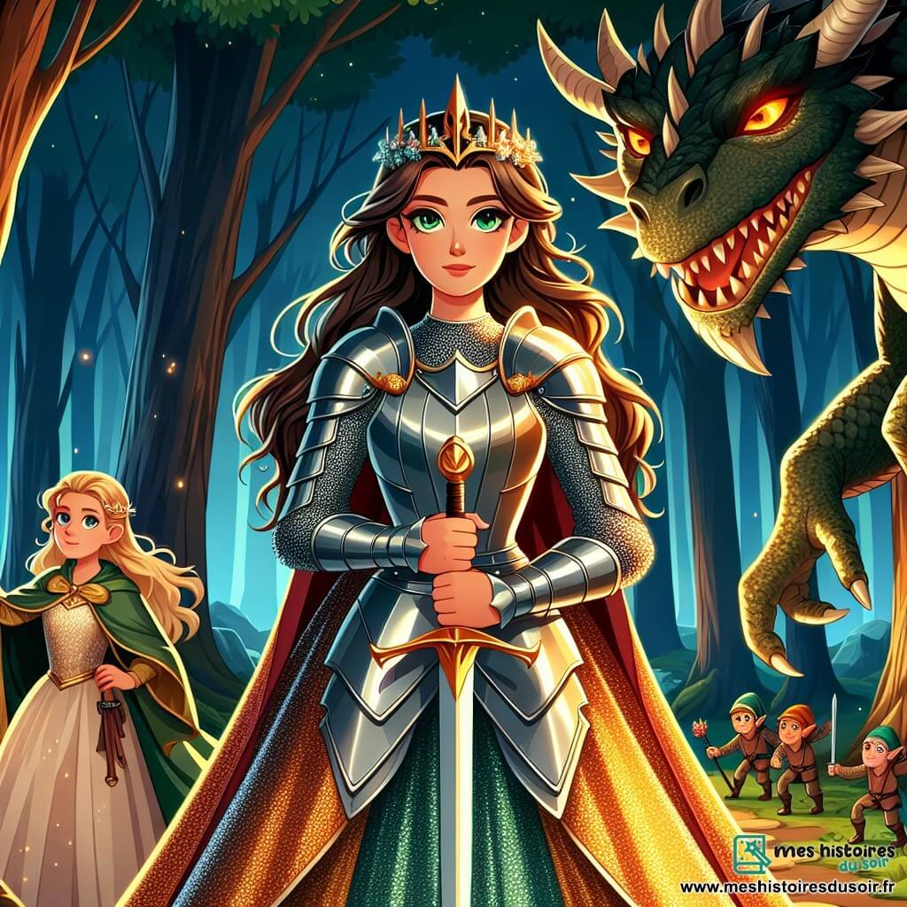 Une illustration sous forme de dessin destinée aux enfants représentant une forêt enchantée, où une courageuse chevaleresse aux longs cheveux bruns et aux yeux verts éclatants, vêtue d'une armure scintillante, brandit son épée étincelante face à un immense dragon aux écailles sombres et aux yeux flamboyants, tandis qu'une princesse aux cheveux dorés, vêtue d'une robe délicate, se tient derrière elle, regardant avec admiration et espoir, alors qu'un groupe de gobelins malicieux se faufile furtivement entre les arbres, ajoutant une touche d'aventure et de mystère à cette scène épique.