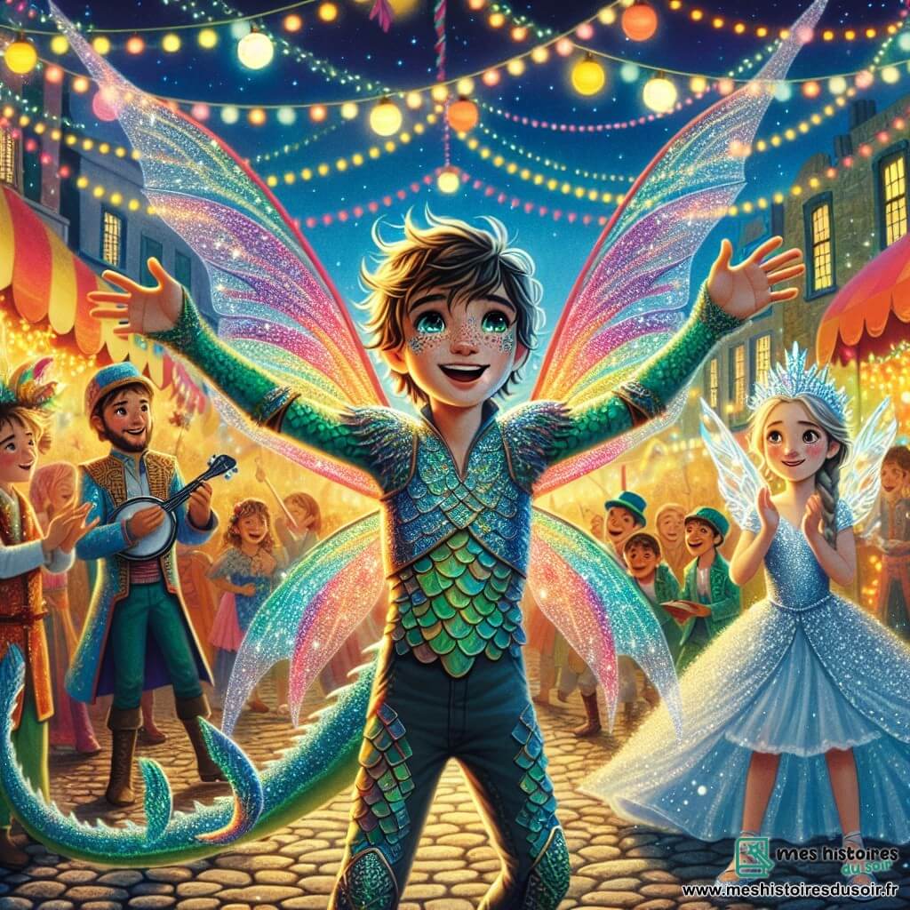Illustration destinée aux enfants représentant une scène vibrante du carnaval dans la petite ville de Clairsou, où les rues sont ornées de guirlandes colorées et de lanternes scintillantes, créant une atmosphère festive sous un ciel étoilé. Au centre de l'image, un garçon de 11 ans, avec des cheveux bruns en bataille et des yeux pétillants d'excitation, porte un costume de dragon caméléon fait de tissus lumineux qui changent de couleur, levant les bras pour déployer ses ailes scintillantes. À ses côtés, une fille de 10 ans, déguisée en reine des glaces avec une robe argentée étincelante et des cheveux blonds tressés, applaudit avec émerveillement. La scène capture l'énergie joyeuse du défilé, avec des musiciens en arrière-plan jouant des instruments colorés, des enfants riant et courant autour, et des stands de nourriture proposant des friandises sucrées, le tout baigné dans une lumière chaleureuse et festive.