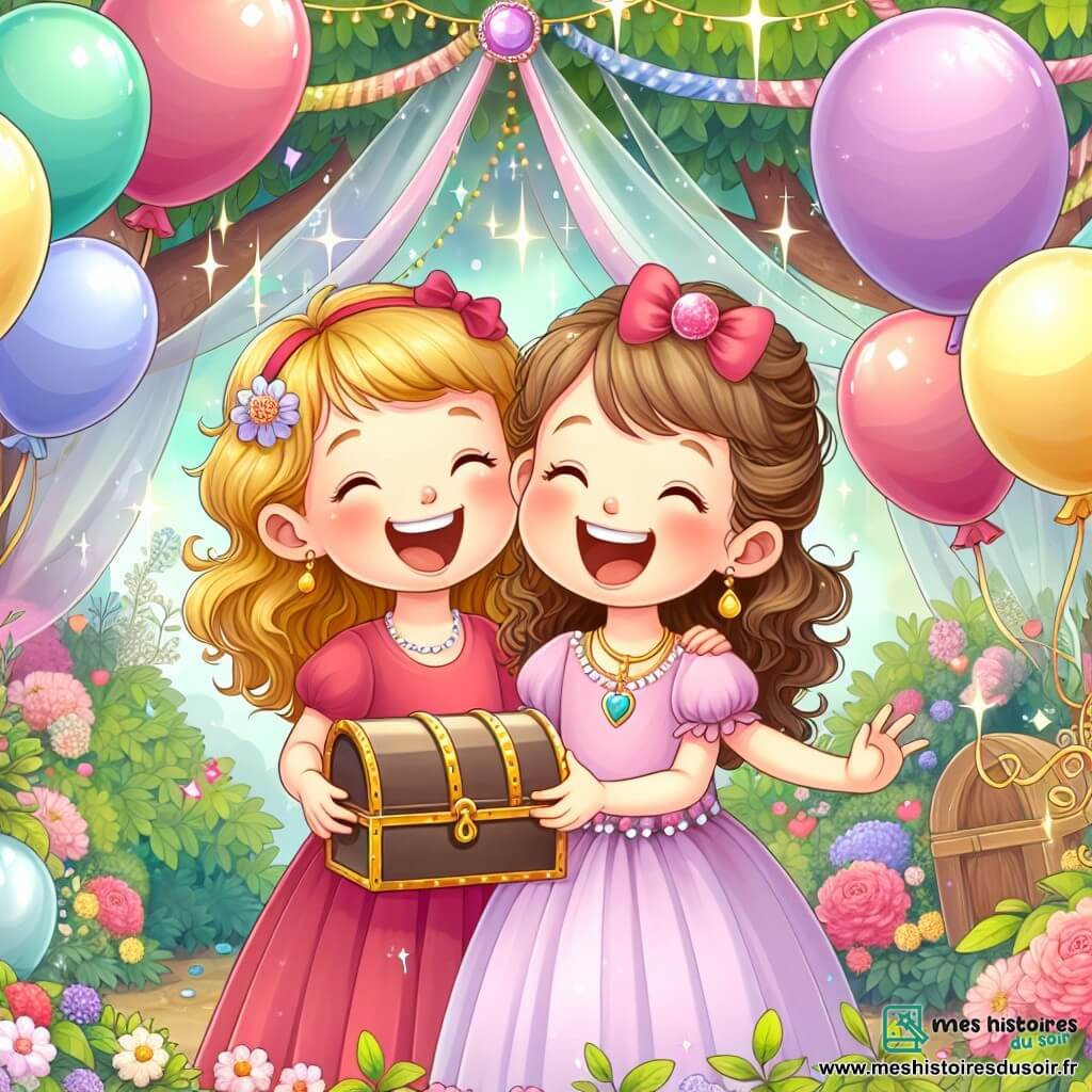 Une illustration destinée aux enfants représentant une petite fille émerveillée par une chasse au trésor lors de son anniversaire, accompagnée de sa maman souriante, dans un jardin enchanté rempli de ballons colorés et de guirlandes scintillantes.