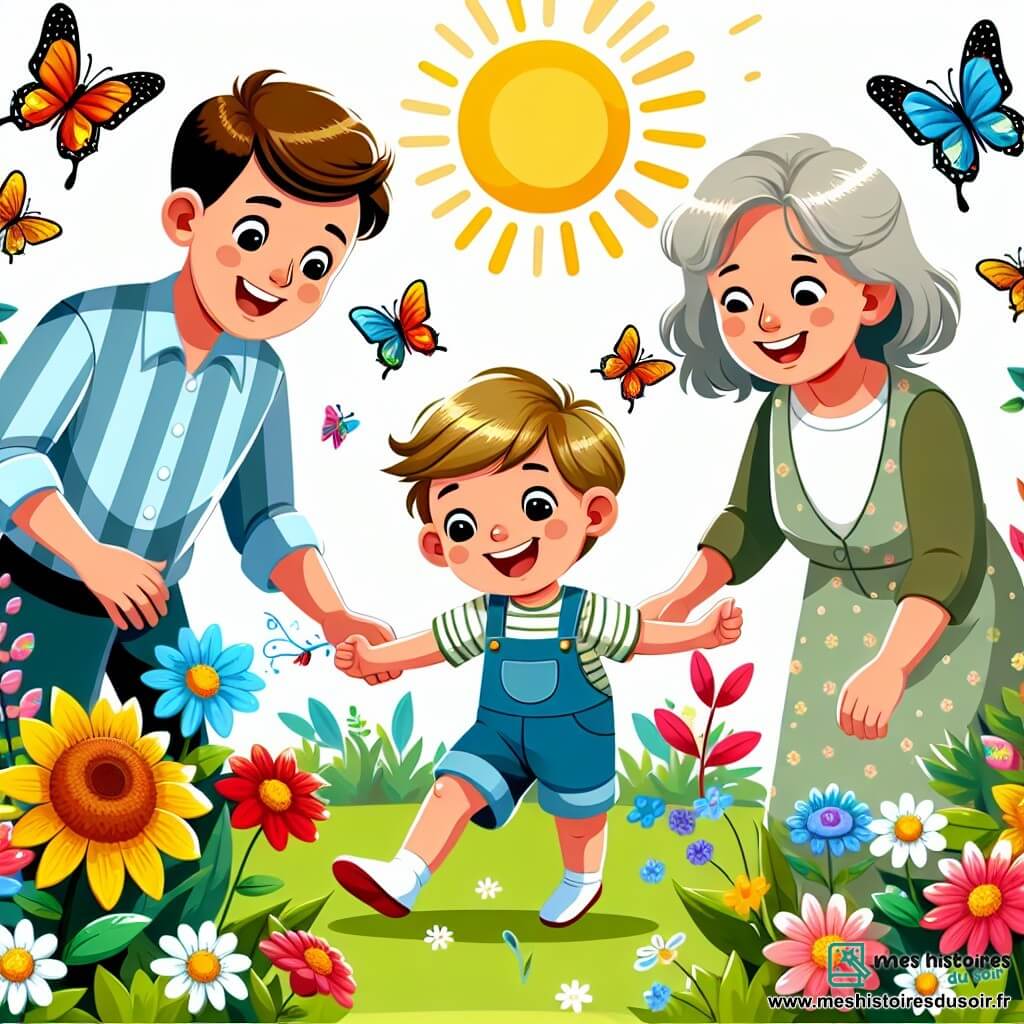 Une illustration destinée aux enfants représentant un petit garçon énergique, entouré de ses parents aimants, jouant dans un jardin ensoleillé rempli de fleurs colorées et de papillons virevoltants.