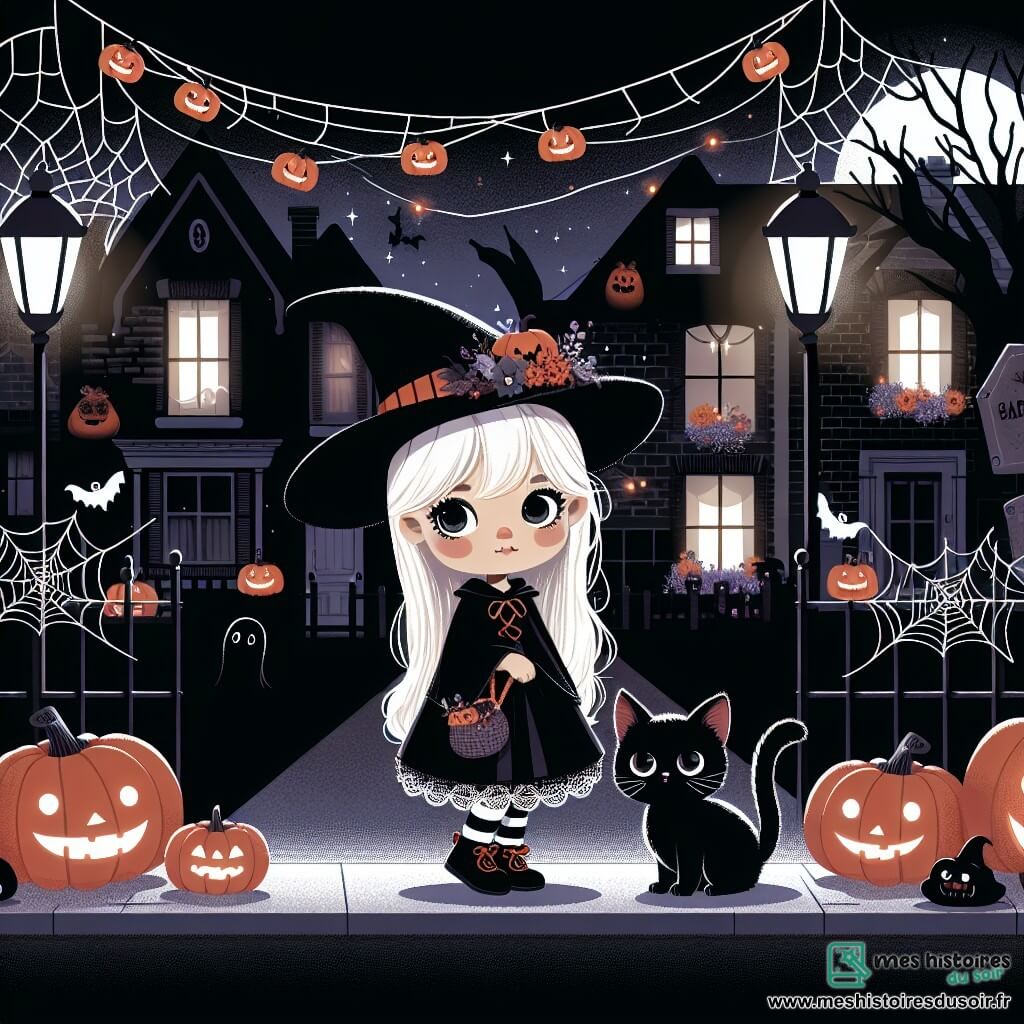 Une illustration destinée aux enfants représentant une petite fille déguisée en sorcière, accompagnée de son chat noir, se promenant dans un quartier décoré de citrouilles lumineuses, de toiles d'araignée et de fantômes en carton lors de la nuit d'Halloween.