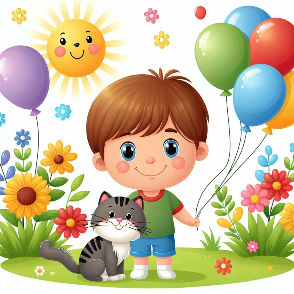 Une illustration destinée aux enfants représentant un jeune garçon souriant, entouré de ballons colorés, accompagné de son chat joueur, dans un jardin ensoleillé rempli de fleurs et d'herbe verte.
