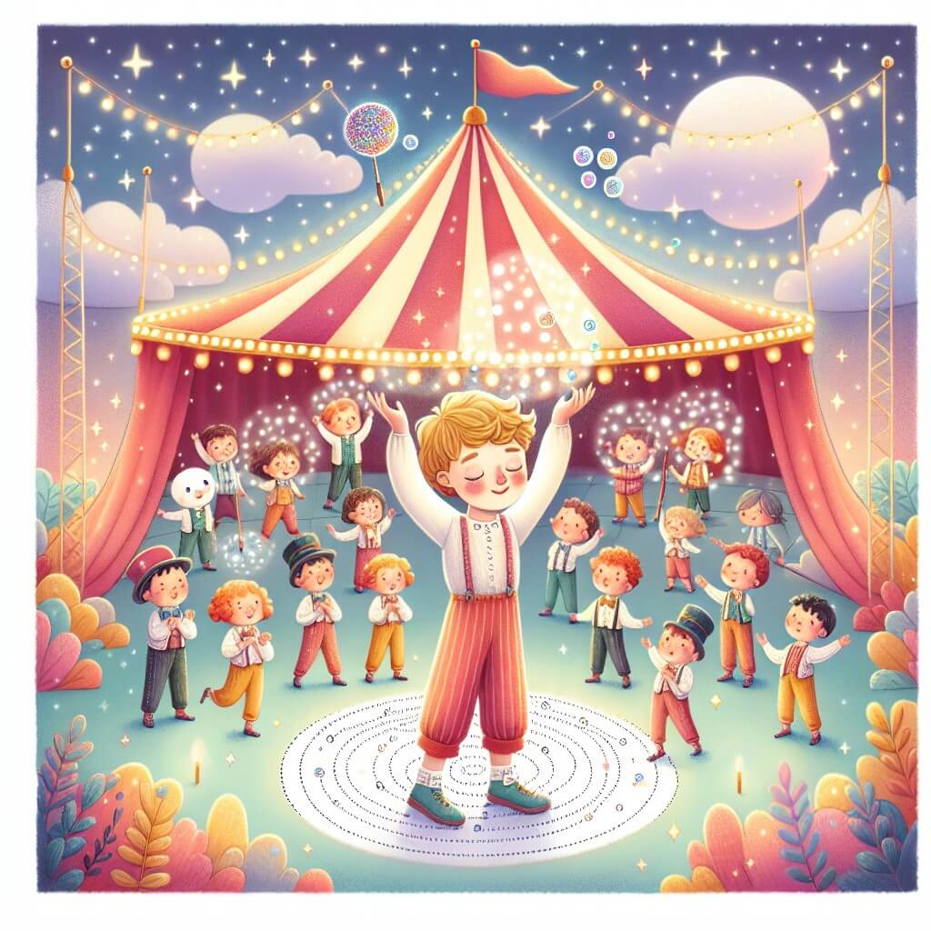 Une illustration destinée aux enfants représentant un jeune garçon rêveur, jongleur en herbe, faisant ses premiers pas au sein d'un cirque magique rempli d'artistes bienveillants, sous un chapiteau coloré et étincelant.