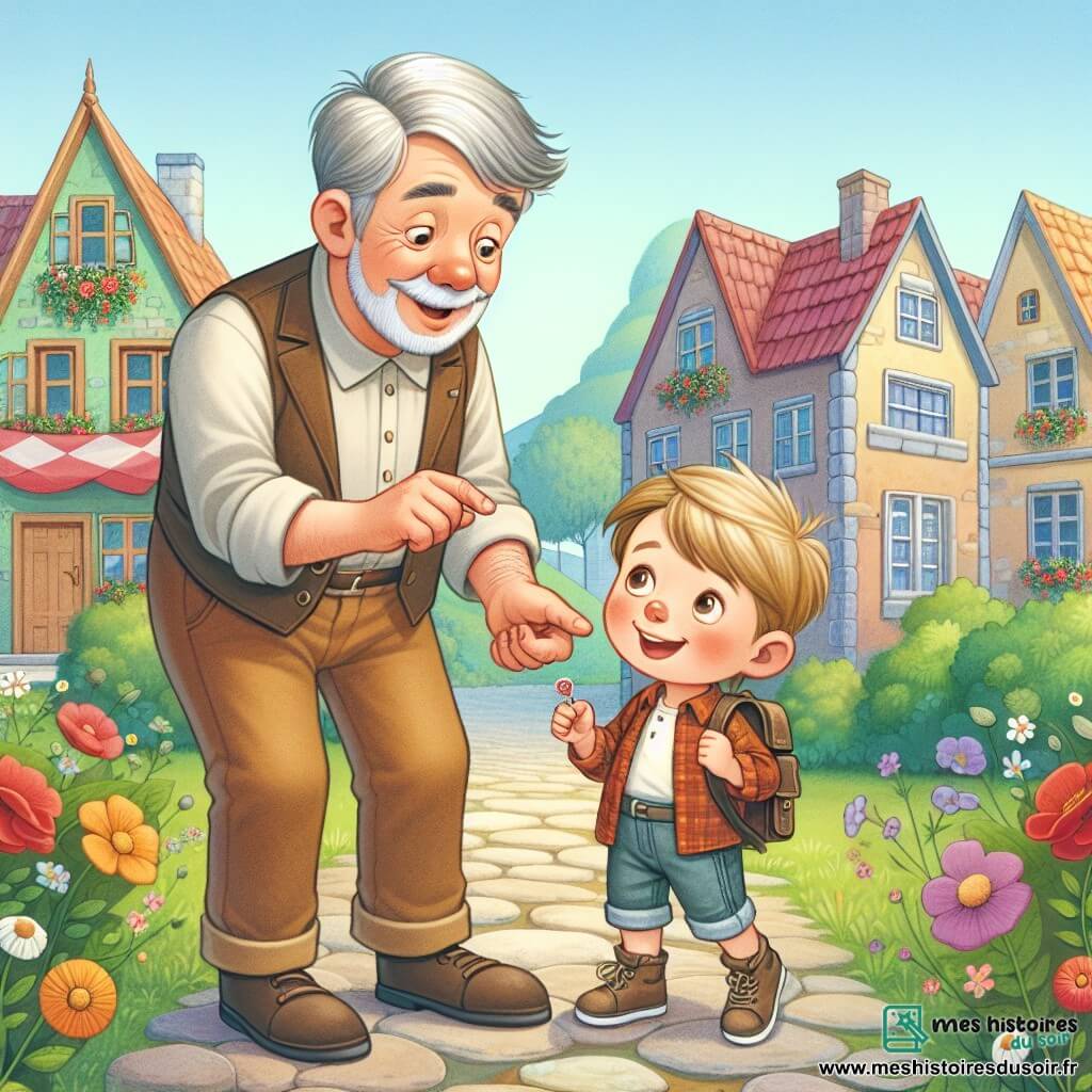 Une illustration destinée aux enfants représentant un garçon curieux découvrant le secret de la fête des pères, accompagné de son père bienveillant, dans un village pittoresque aux maisons colorées et aux rues pavées bordées de fleurs.