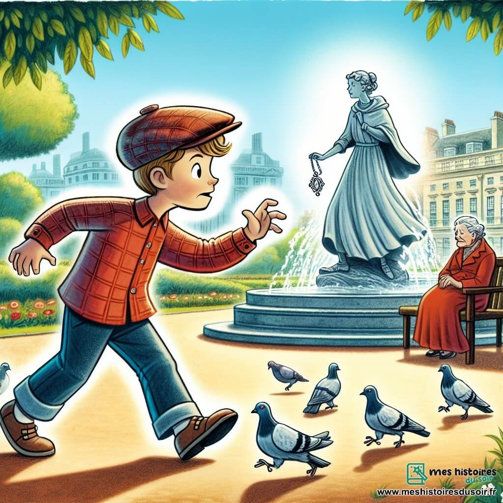 Une illustration destinée aux enfants représentant un jeune garçon curieux et déterminé à résoudre le mystère du collier disparu d'une dame âgée, dans un parc ensoleillé de Coquelicotville, où les pigeons virevoltent joyeusement autour d'une fontaine scintillante.