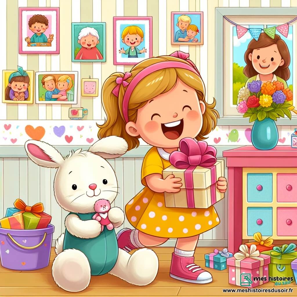 Une illustration destinée aux enfants représentant une petite fille pleine d'enthousiasme préparant une surprise pour la fête des mères, accompagnée de son fidèle doudou lapin, dans une chambre lumineuse aux murs décorés de dessins colorés et de photos de famille.