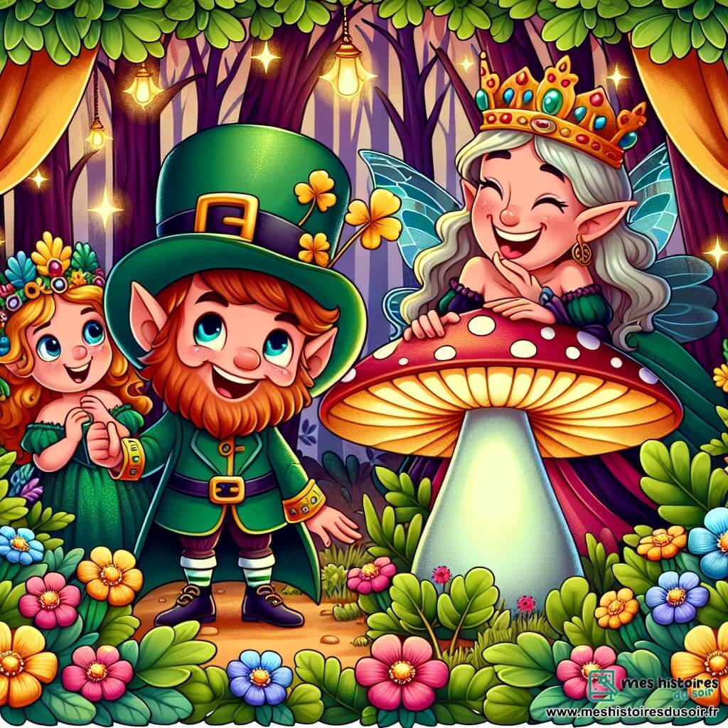 Une illustration destinée aux enfants représentant un prince farfadet espiègle se cachant derrière un champignon lumineux, avec la reine des fées Agathe riant aux éclats, dans la forêt enchantée de Féeriland aux arbres aux feuilles d'or et aux fleurs multicolores.
