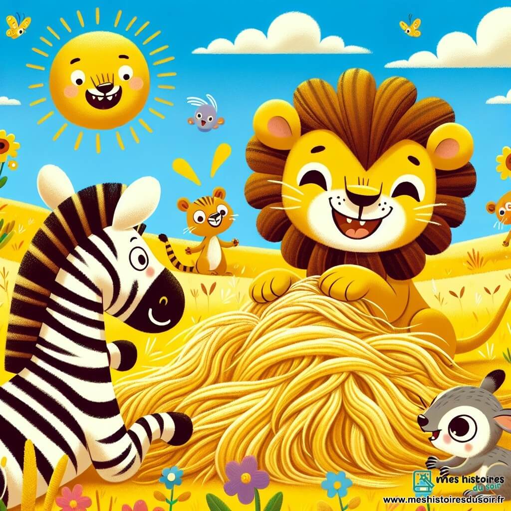 Une illustration sous forme de dessin destinée aux enfants représentant une savane ensoleillée avec des herbes dorées et un ciel bleu, où un lion joyeux à la crinière dorée, un grand sourire aux lèvres, cherche sa crinière disparue, tandis qu'une zèbre aux rayures blanches et noires s'approche de lui en riant, et un petit écureuil aux yeux pétillants tient un tas de poils dorés dans ses pattes, le tout entouré de fleurs colorées et d'animaux curieux observant la scène amusante.