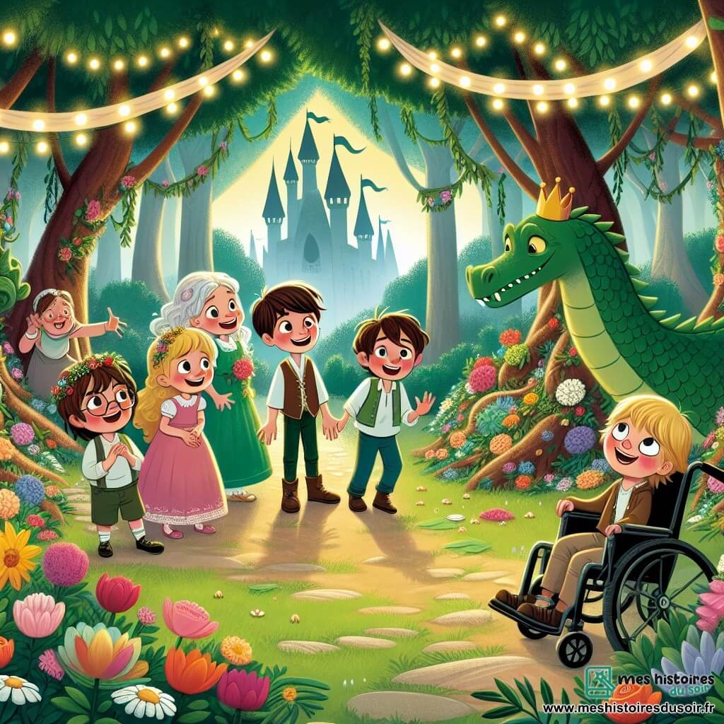 Une illustration sous forme de dessin destinée aux enfants représentant une forêt enchantée aux arbres majestueux et aux fleurs colorées, où un groupe d'enfants de cinq ans, comprenant un garçon aux cheveux blonds et un sourire éclatant, une fille aux cheveux bouclés en fauteuil roulant, un garçon timide avec des lunettes et une fille avec des tresses, se tient ensemble, regardant avec émerveillement un dragon aux écailles vertes qui s'approche d'eux, alors qu'ils tentent de protéger la couronne du roi qui est en danger, avec des guirlandes de fleurs et un château en arrière-plan, créant une atmosphère magique et pleine d'aventure.