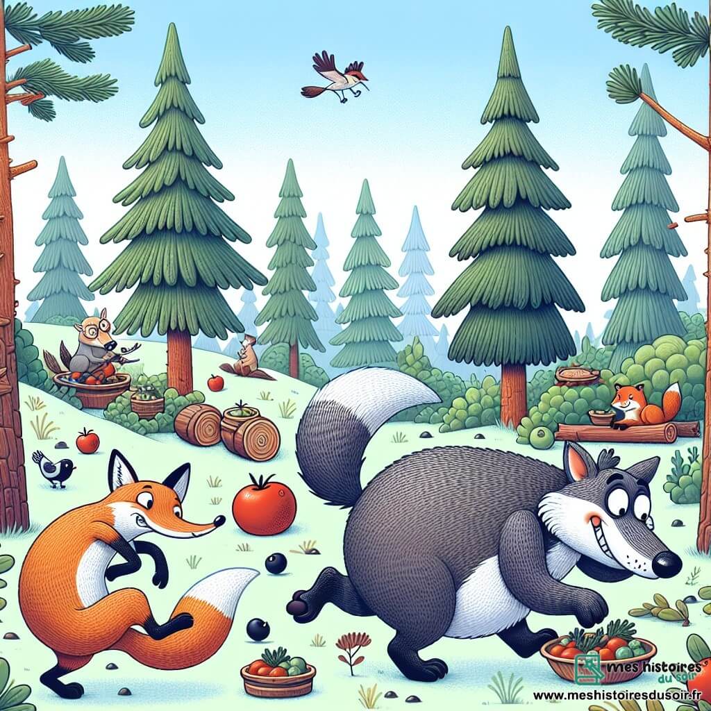 Une illustration destinée aux enfants représentant un loup gourmand et maladroit, un renard malin, dans la pittoresque forêt de Pinède, où se déroule une série de péripéties culinaires hilarantes.