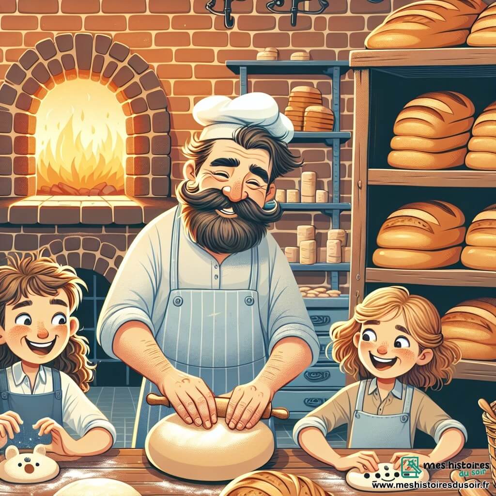 Une illustration sous forme de dessin destinée aux enfants représentant une boulangerie chaleureuse avec des murs en briques et des étagères remplies de pains dorés, où un homme jovial avec des cheveux en désordre et une moustache souriante pétrit de la pâte, entouré de deux enfants : une fille aux boucles brunes et un garçon aux cheveux blonds, tous deux riant et s'amusant en façonnant des petits pains en forme d'animaux, tandis qu'un four à bois en arrière-plan dégage une douce chaleur et une odeur alléchante de pain frais.