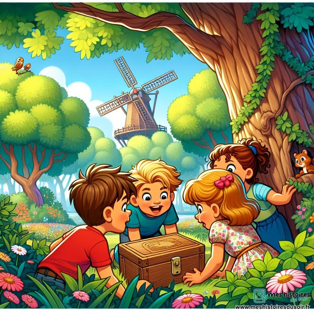 Une illustration sous forme de dessin destinée aux enfants représentant un parc ensoleillé avec de grands arbres verdoyants et des fleurs colorées, où un groupe de quatre enfants de 7 ans, deux garçons aux cheveux bruns et courts, l'un portant un t-shirt rouge et l'autre un bleu, et deux filles, l'une avec des cheveux longs et blonds portant une robe à fleurs et l'autre avec des cheveux frisés et un t-shirt jaune, fouillent avec enthousiasme sous un grand chêne, découvrant une petite boîte en bois, tandis qu'un écureuil curieux les observe depuis une branche, capturant l'esprit d'aventure et de curiosité de leur quête pour résoudre le mystère du vieux moulin.