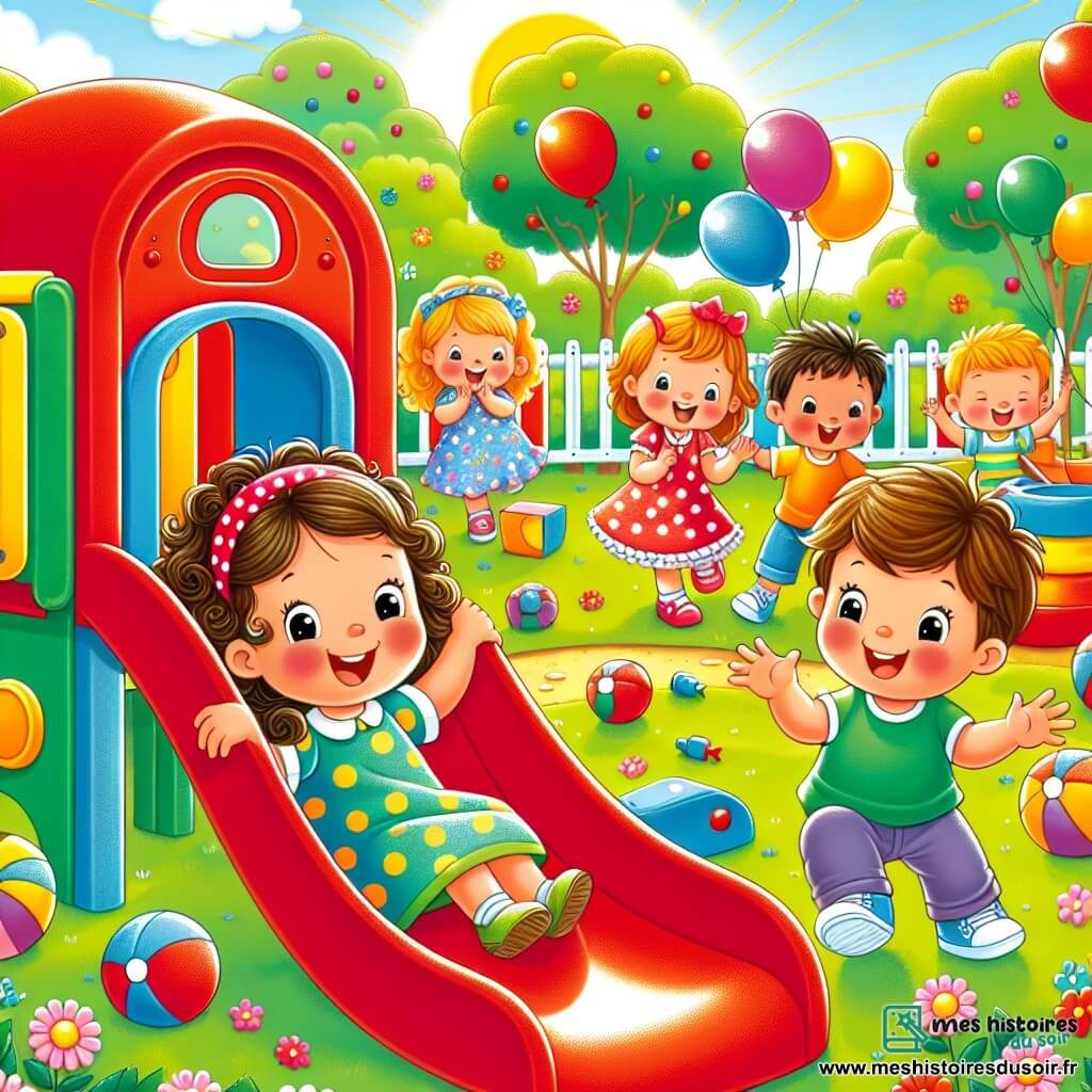 Illustration destinée aux enfants représentant une cour d'école colorée, remplie de jeux, avec un grand toboggan rouge et des arbres verdoyants en arrière-plan. Au premier plan, un groupe de trois enfants de 3 ans : une petite fille aux cheveux bruns et bouclés, portant une robe à pois, qui rit en glissant sur le toboggan ; à côté d'elle, une petite fille blonde avec une robe bleue à fleurs, qui attend son tour en souriant ; et un petit garçon aux cheveux châtains, vêtu d'un t-shirt vert, qui applaudit et encourage ses amies. L'atmosphère est joyeuse et enjouée, avec des ballons colorés flottant dans le ciel et des rires d'enfants résonnant autour d'eux.