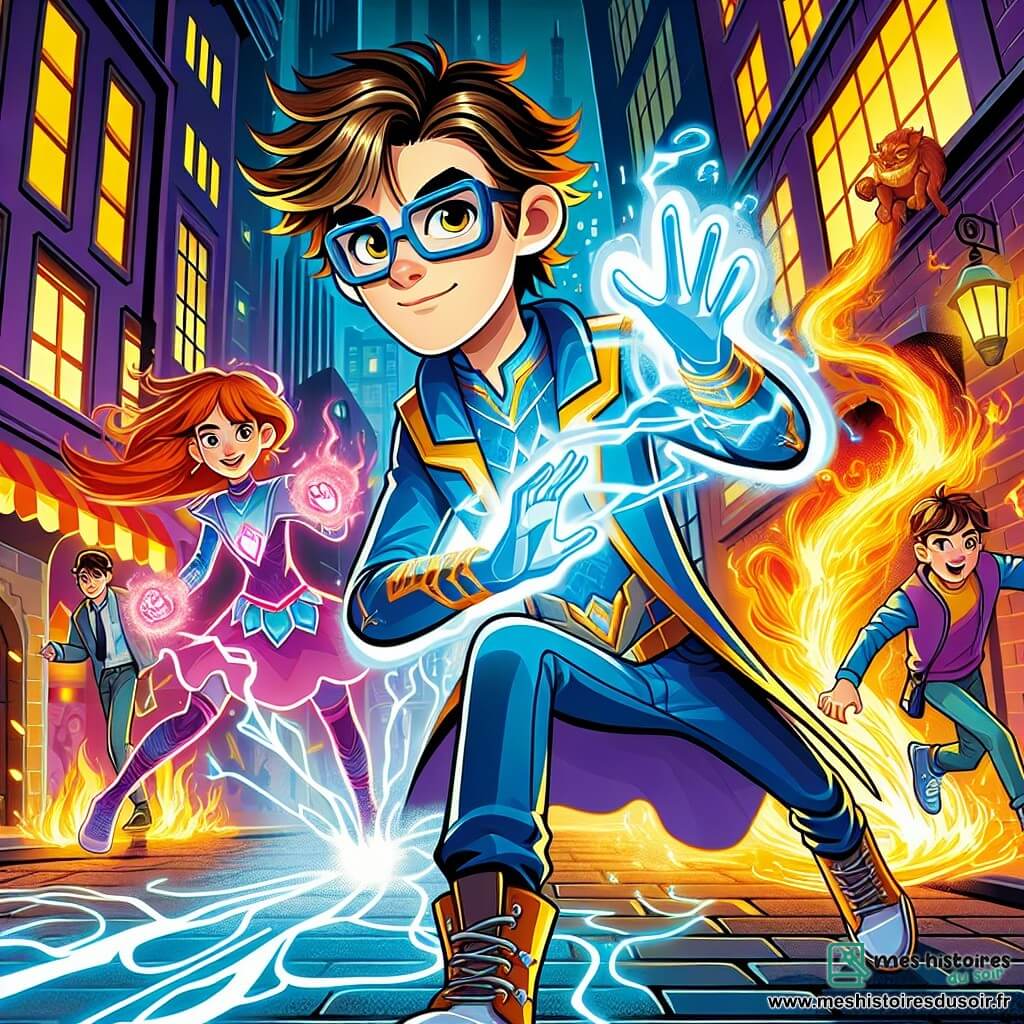 Une illustration sous forme de dessin destinée aux enfants représentant une scène dynamique dans une ville vibrante de Luminosia, où un jeune homme aux cheveux châtains en bataille et portant des lunettes rectangulaires, vêtu d'un costume de super-héros bleu et doré, utilise ses pouvoirs cosmiques pour créer un champ de force autour de ses amis, une fille à la chevelure de feu qui contrôle des flammes et un garçon capable de parler aux animaux, alors qu'ils affrontent une créature menaçante dans une ruelle illuminée par des néons colorés, symbolisant leur courage et leur détermination à protéger leur ville.