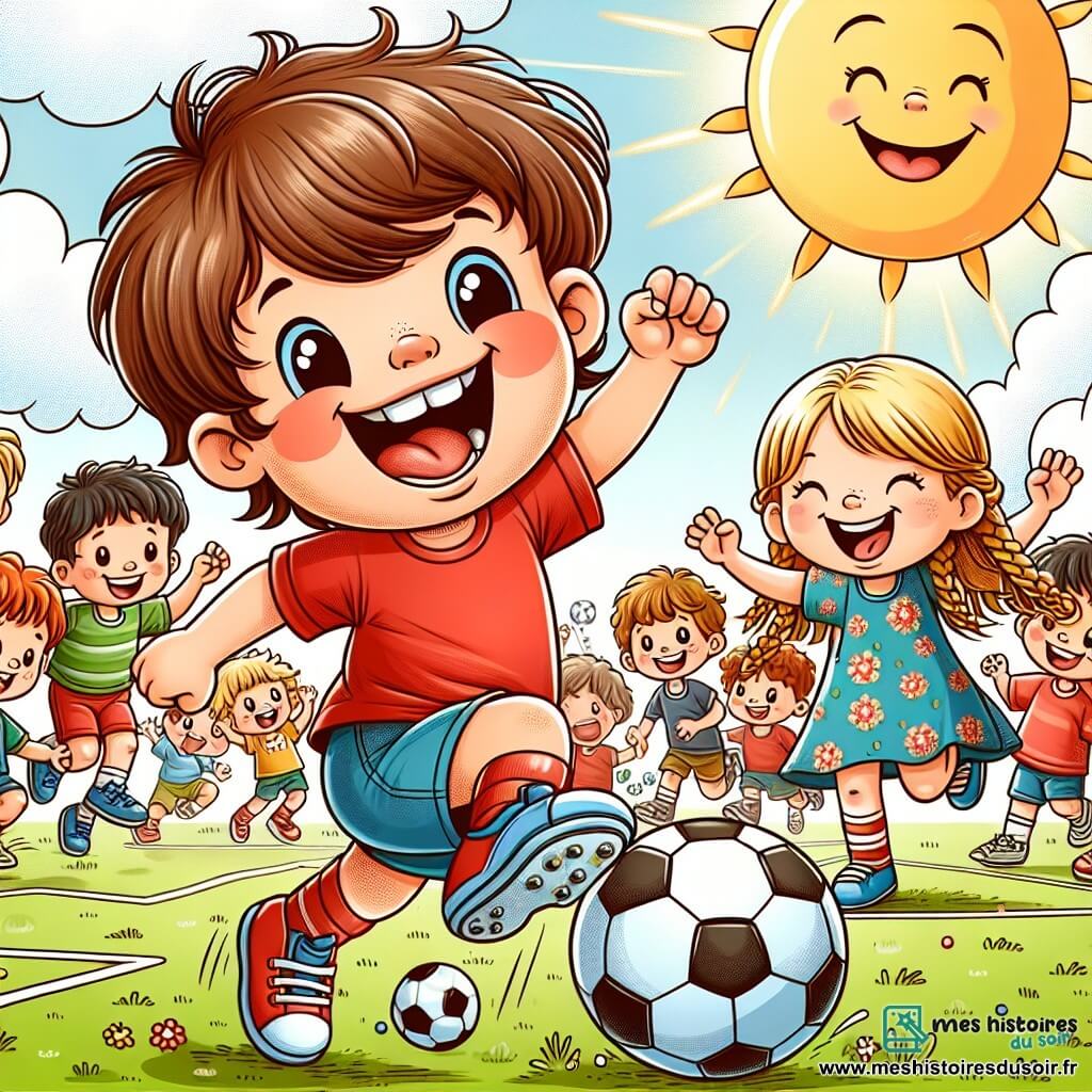 Une illustration sous forme de dessin destinée aux enfants représentant un terrain de foot ensoleillé, où un garçon de 5 ans aux cheveux bruns en bataille, portant un t-shirt rouge et un short bleu, dribble joyeusement un ballon de foot, tandis qu'une petite fille de 4 ans aux cheveux blonds tressés, vêtue d'une robe à fleurs, l'encourage avec un grand sourire, et d'autres enfants, garçons et filles, se rassemblent autour d'eux, tous riant et s'amusant ensemble, illustrant ainsi l'égalité des genres et la joie de jouer ensemble.