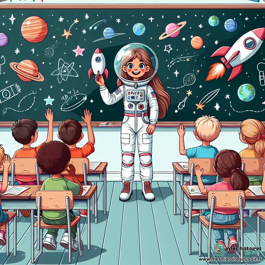 Illustration destinée aux enfants représentant une salle de classe colorée, remplie de dessins de fusées et de planètes accrochés aux murs, avec des enfants assis en tailleur sur le sol, les yeux brillants d'excitation. Au centre, une femme astronaute en combinaison spatiale blanche, avec un casque transparent et des cheveux bruns attachés en queue de cheval, sourit chaleureusement tout en tenant un modèle de fusée dans ses mains. Autour d'elle, plusieurs garçons et filles aux cheveux de différentes couleurs, habillés de t-shirts colorés, lèvent la main avec enthousiasme pour poser des questions, leurs visages illuminés par la curiosité. La scène dégage une atmosphère d'émerveillement et d'inspiration, avec des étoiles scintillantes dessinées sur le tableau noir en arrière-plan, symbolisant les rêves d'exploration spatiale qui habitent les enfants.
