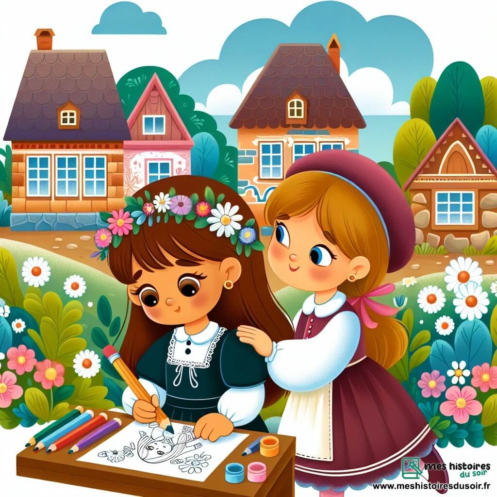 Une illustration destinée aux enfants représentant une petite fille timide participant à un concours de dessin, soutenue par une camarade de classe chaleureuse, dans un village coloré aux maisons en pierre, entouré de fleurs et d'arbres verdoyants.