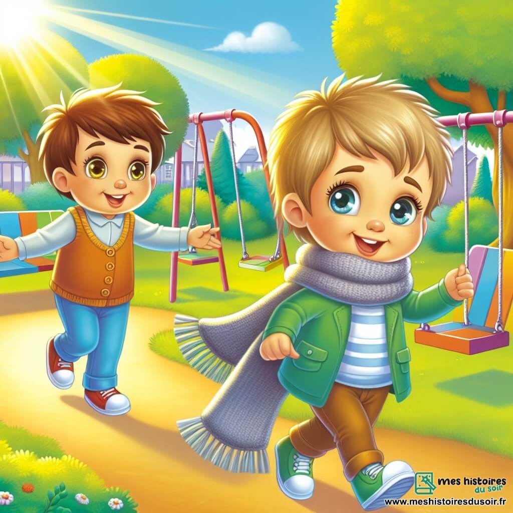 Une illustration destinée aux enfants représentant un petit garçon souriant et curieux, confronté à la maladie, accompagné d'une nouvelle amie au regard pétillant, dans un parc ensoleillé aux balançoires colorées et aux arbres majestueux.