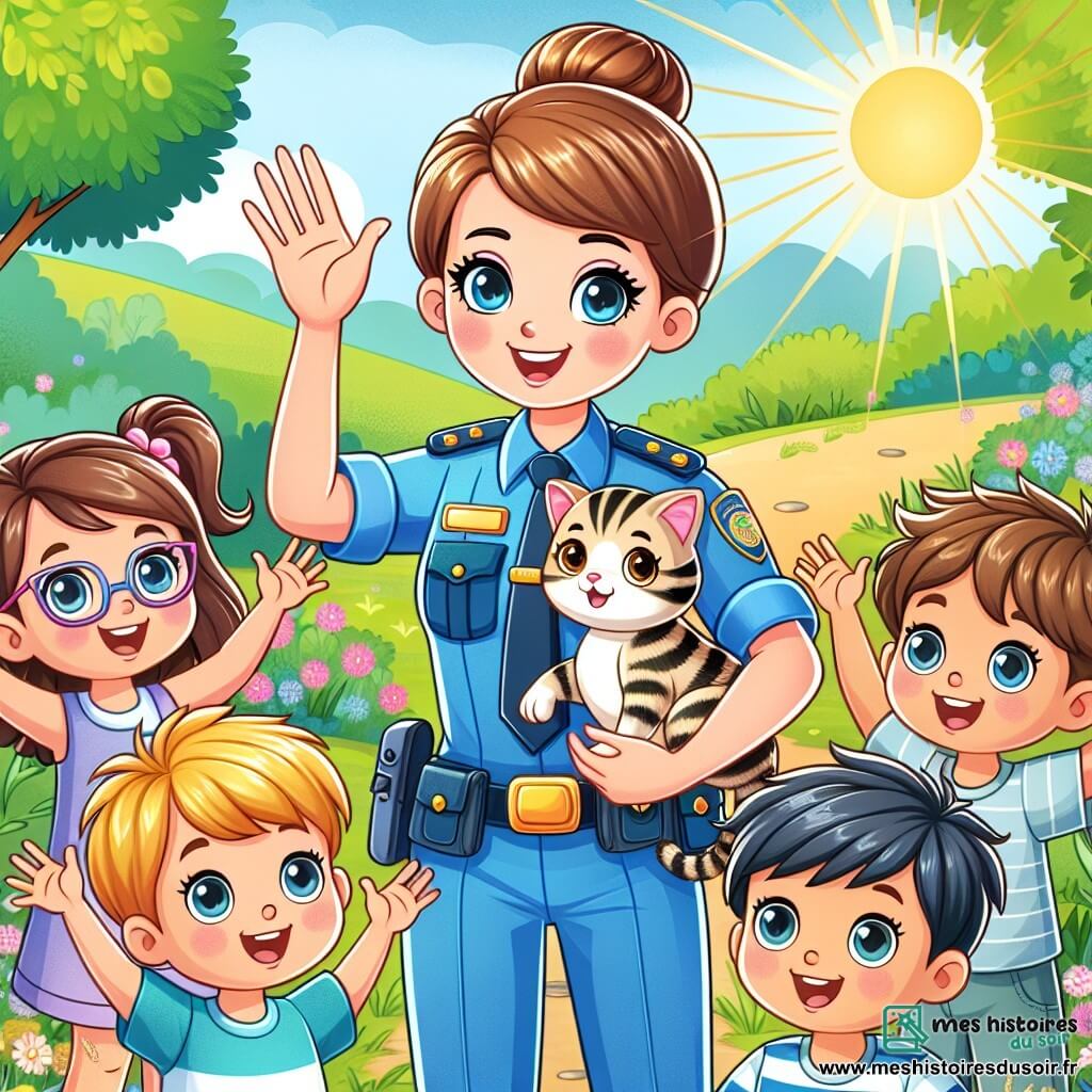Une illustration sous forme de dessin destinée aux enfants représentant une scène ensoleillée dans un parc verdoyant de Verdantville, où une policière dynamique aux cheveux bruns attachés en chignon, portant un uniforme bleu et un large sourire, est entourée de plusieurs enfants : une petite fille aux lunettes roses qui lève la main avec enthousiasme, un garçon aux cheveux blonds qui regarde avec des yeux pétillants, et un autre garçon aux cheveux en bataille qui tient un petit chat tigré dans ses bras, alors qu'ils s'apprêtent à résoudre ensemble une énigme pour aider l'animal perdu à retrouver un foyer chaleureux.