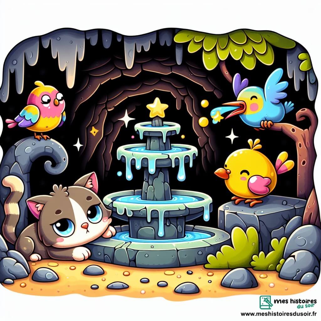 Une illustration destinée aux enfants représentant un chat maladroit, un oiseau grincheux et une fontaine magique colorée dans une grotte sombre et humide.