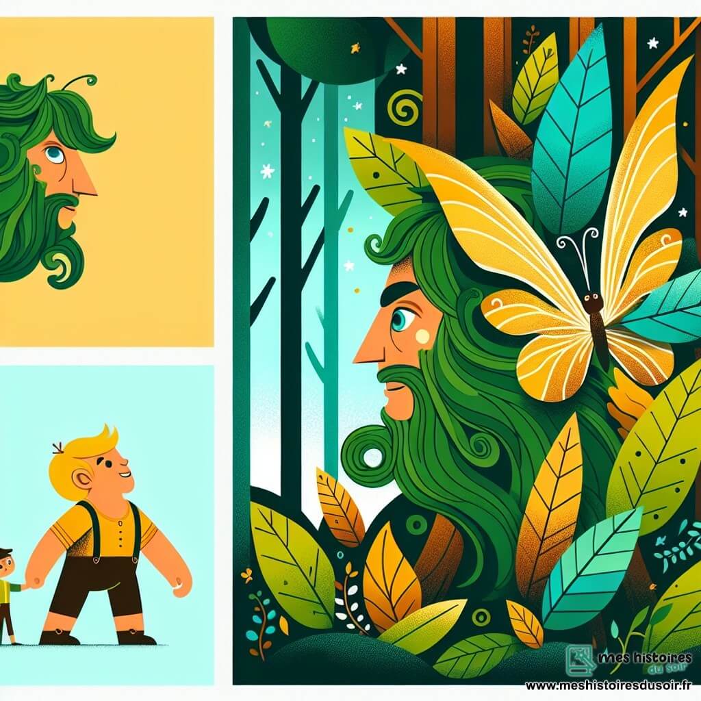 Une illustration destinée aux enfants représentant un petit géant curieux, un papillon doré et une forêt enchantée aux arbres immenses et aux feuilles d'un vert éclatant.