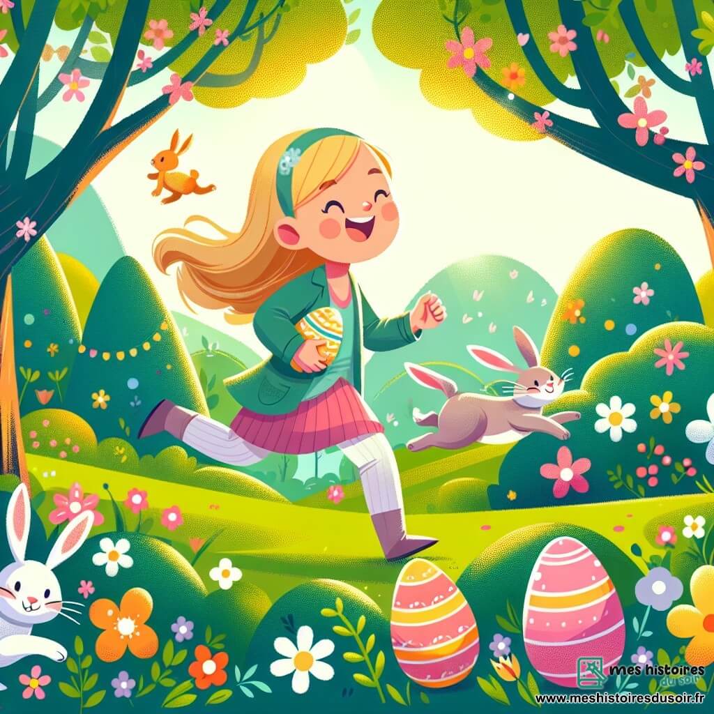 Une illustration destinée aux enfants représentant une fillette joyeuse participant à une chasse aux œufs de Pâques avec des lapins farceurs dans un parc ensoleillé, rempli de fleurs colorées et d'arbres en fleurs.