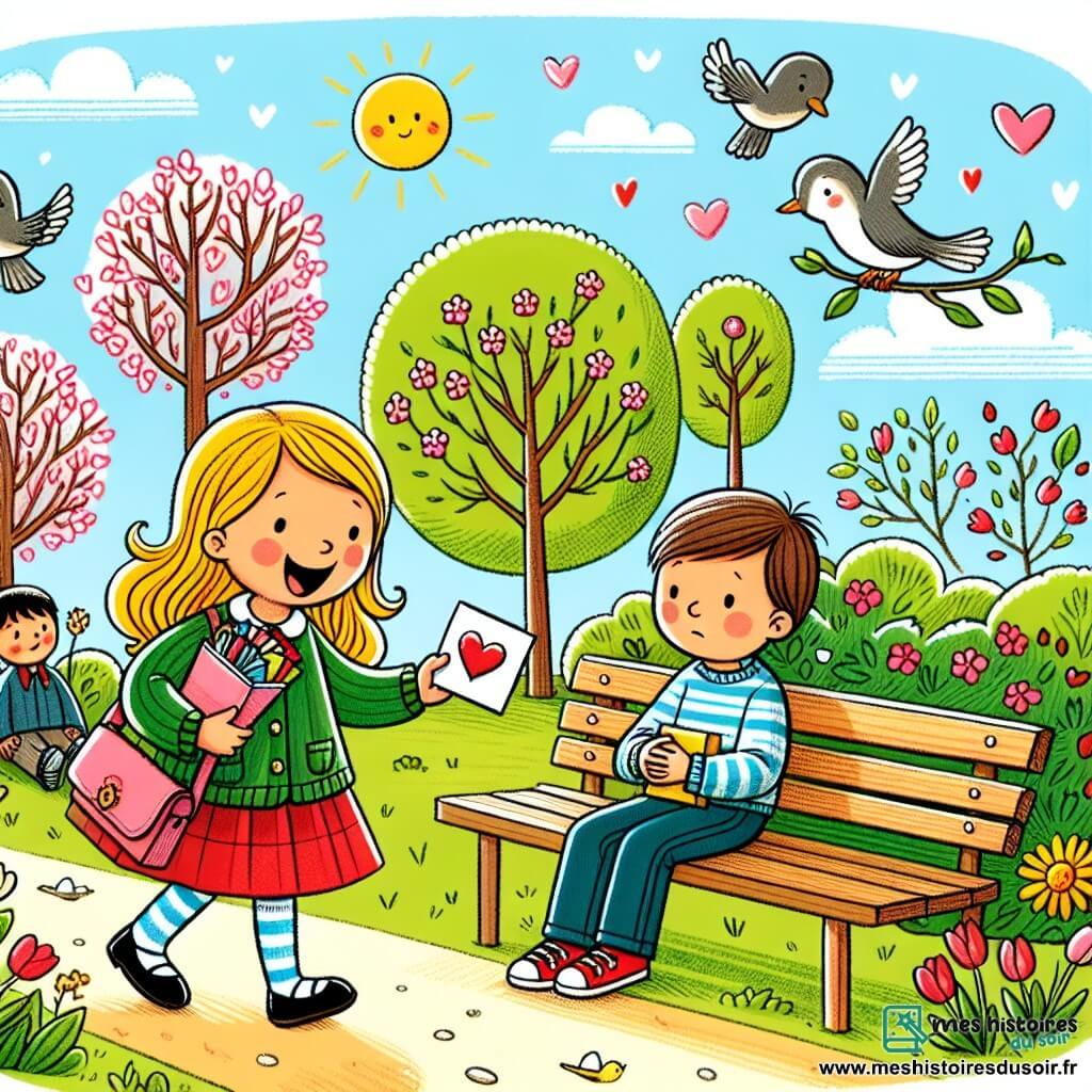 Une illustration destinée aux enfants représentant une fillette joyeuse distribuant des cartes de Saint-Valentin, rencontrant un petit garçon timide sur un banc, dans un parc ensoleillé aux arbres fleuris et aux oiseaux chantants.