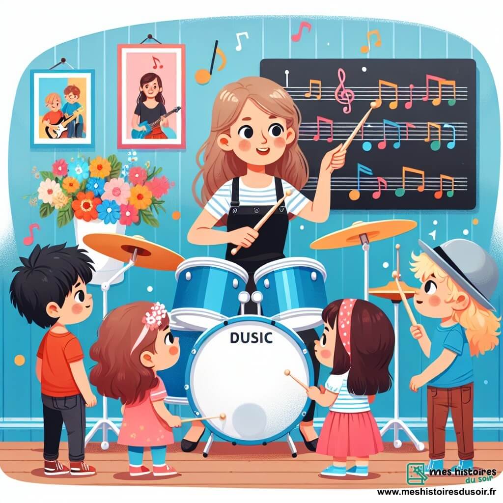 Une illustration destinée aux enfants représentant une talentueuse musicienne femme donnant des leçons de musique à un groupe d'enfants curieux, accompagnée de Léo, un garçon passionné de batterie, dans son studio lumineux aux murs peints en bleu ciel, entouré de fleurs colorées et d'instruments de musique variés.