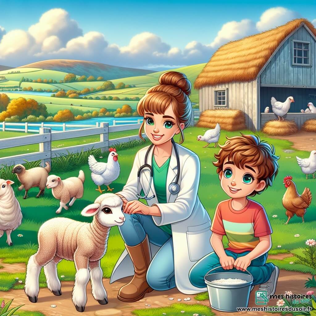 Illustration destinée aux enfants représentant une ferme pittoresque baignée par la lumière dorée du matin, avec des champs verdoyants s'étendant à perte de vue et une étable en bois rustique où des animaux curieux se déplacent. Au premier plan, une vétérinaire femme aux cheveux châtains attachés en chignon, portant une blouse blanche et un stéthoscope autour du cou, s'accroupit avec un sourire bienveillant pour examiner un agneau au pelage doux et soyeux. À ses côtés, un garçon de douze ans aux cheveux ébouriffés et aux yeux pétillants, vêtu d'un t-shirt coloré et d'un jean, observe avec admiration, tenant un seau de nourriture pour animaux. La scène dégage une atmosphère chaleureuse et joyeuse, avec des poules picorant le sol et un ciel bleu parsemé de nuages blancs, évoquant l'harmonie entre les humains et les animaux dans ce cadre rural.