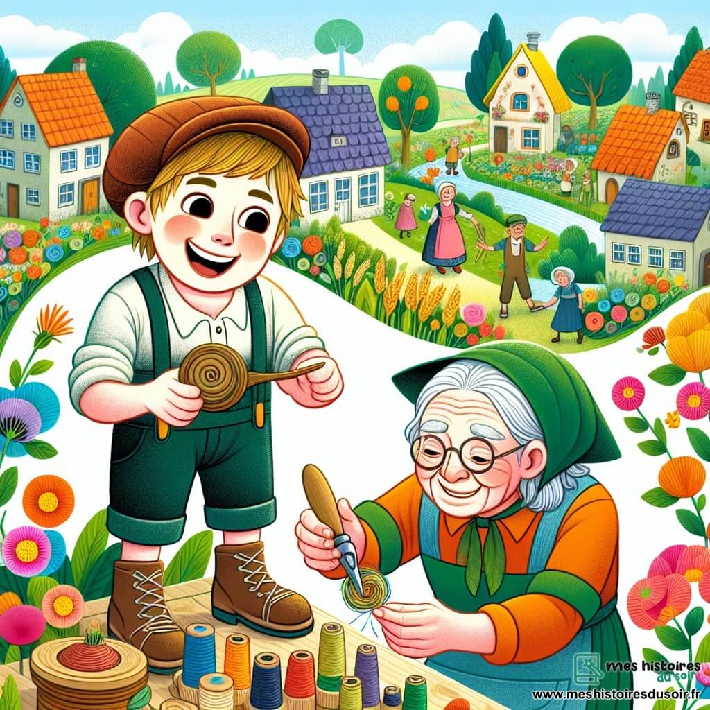 Une illustration destinée aux enfants représentant un jeune garçon plein d'énergie et d'imagination, en train de fabriquer un cadeau magique pour sa maman, accompagné d'un vieux bricoleur souriant, dans un petit village coloré entouré de champs de fleurs multicolores.