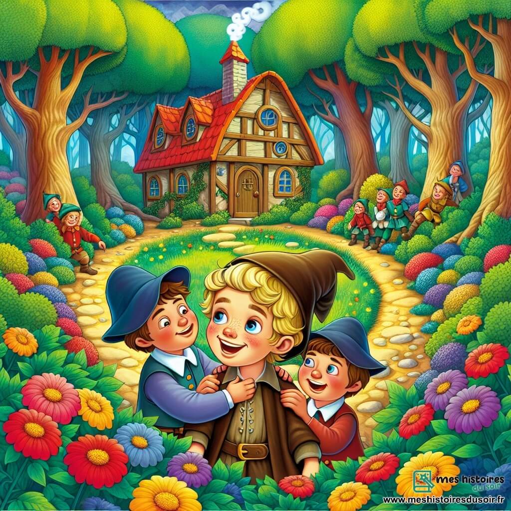 Une illustration destinée aux enfants représentant un jeune garçon malin et bienveillant, entouré de ses frères jaloux, dans une petite maison en bois à l'orée d'une forêt enchantée aux arbres majestueux et aux fleurs colorées, dans un lointain royaume féérique.