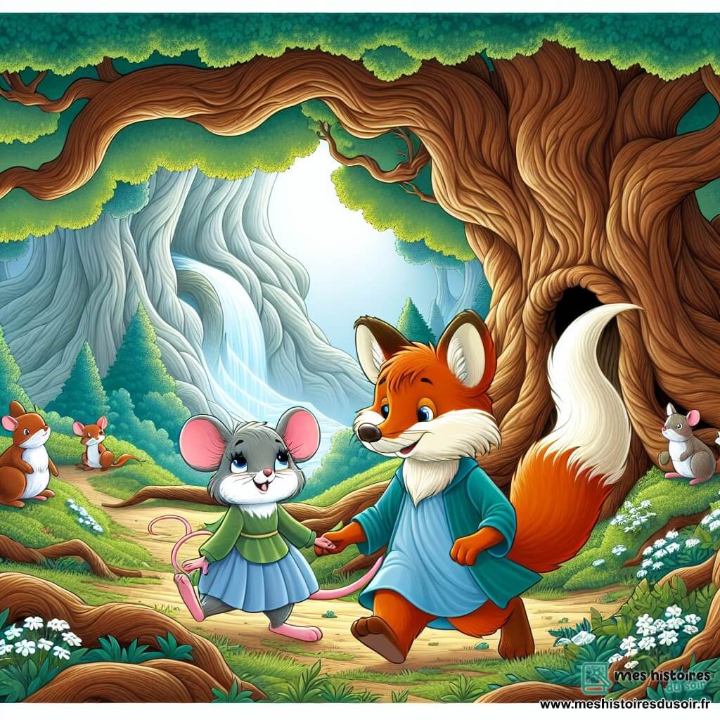 Une illustration destinée aux enfants représentant une jeune souris fille courageuse et curieuse, accompagnée d'un renard garçon rusé et bienveillant, évoluant dans une clairière enchantée au pied d'un majestueux chêne centenaire, en quête d'une fontaine magique.