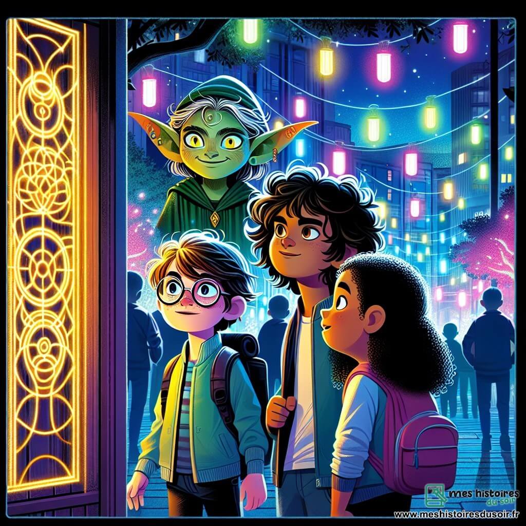 Une illustration sous forme de dessin destinée aux enfants représentant une scène magique dans un parc urbain illuminé par des néons colorés, où un groupe de trois enfants de 11 ans, un garçon aux cheveux ébouriffés et lunettes rondes, une fille aux cheveux longs et bouclés, et un garçon à la stature athlétique, se tiennent devant une petite porte en bois ornée de motifs brillants, les yeux écarquillés d'émerveillement, tandis qu'un lutin aux cheveux verts et aux oreilles pointues les observe avec un sourire malicieux, le tout baigné dans une atmosphère de mystère et d'aventure, évoquant une quête fantastique au cœur de la ville.