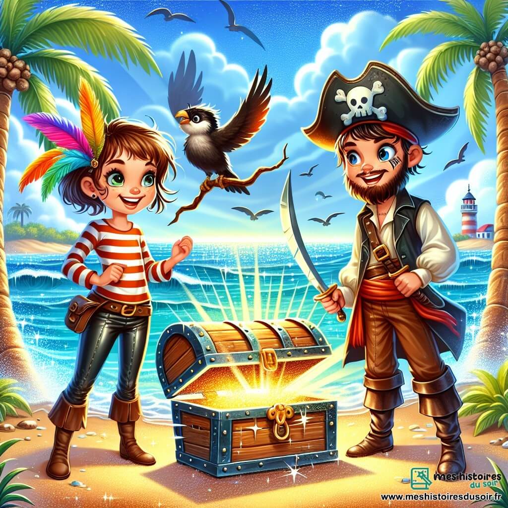Illustration destinée aux enfants représentant un jeune homme aux cheveux châtains, portant un chapeau de pirate orné d'une plume colorée, debout sur le rivage d'une île tropicale, avec des vagues scintillantes et des palmiers se balançant doucement au vent. À ses côtés, une femme intrépide aux cheveux noirs, vêtue d'une chemise à rayures et d'un pantalon en cuir, tient une carte au trésor, tandis qu'un homme grand et barbu, avec une cicatrice sur la joue, se tient derrière eux, brandissant une branche comme une épée. Ensemble, ils regardent avec émerveillement un coffre en bois ancien, partiellement enfoui dans le sable, émettant une lueur dorée, symbolisant la découverte d'un trésor caché. Le ciel est d'un bleu éclatant, parsemé de nuages blancs, et des oiseaux exotiques volent au-dessus d'eux, ajoutant une touche d'aventure à cette scène palpitante.