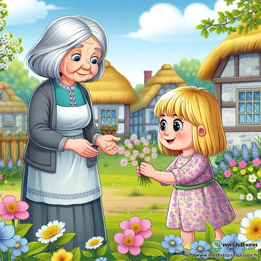 Une illustration destinée aux enfants représentant une petite fille émerveillée par les premières fleurs du printemps, accompagnée d'une gentille voisine aux cheveux argentés, dans un village paisible aux maisons aux toits de chaume et aux jardins fleuris.