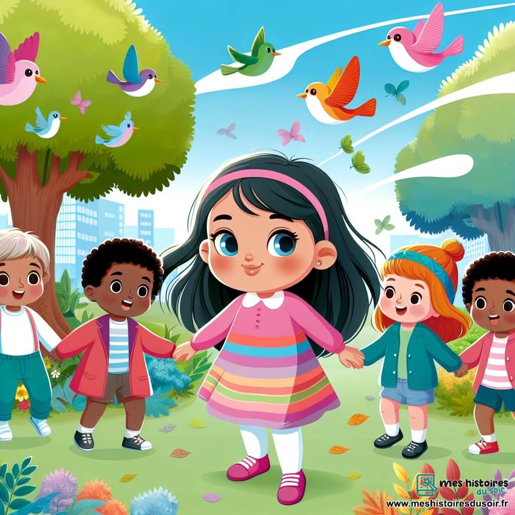 Une illustration destinée aux enfants représentant une petite fille curieuse confrontée à des changements climatiques, accompagnée de ses amis, dans une forêt verdoyante aux arbres majestueux et aux oiseaux multicolores virevoltant.
